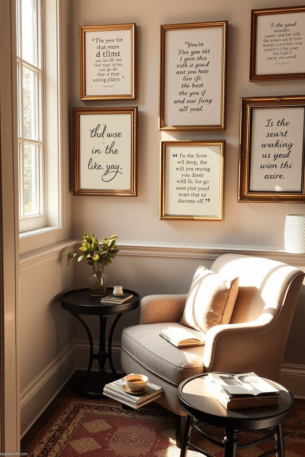 A cozy reading nook bathed in natural light. The walls are adorned with framed inspirational quotes in elegant frames, creating a motivating atmosphere. A plush armchair in a soft fabric sits in the corner, accompanied by a small side table. A stack of books and a steaming cup of tea rest on the table, inviting relaxation and contemplation.