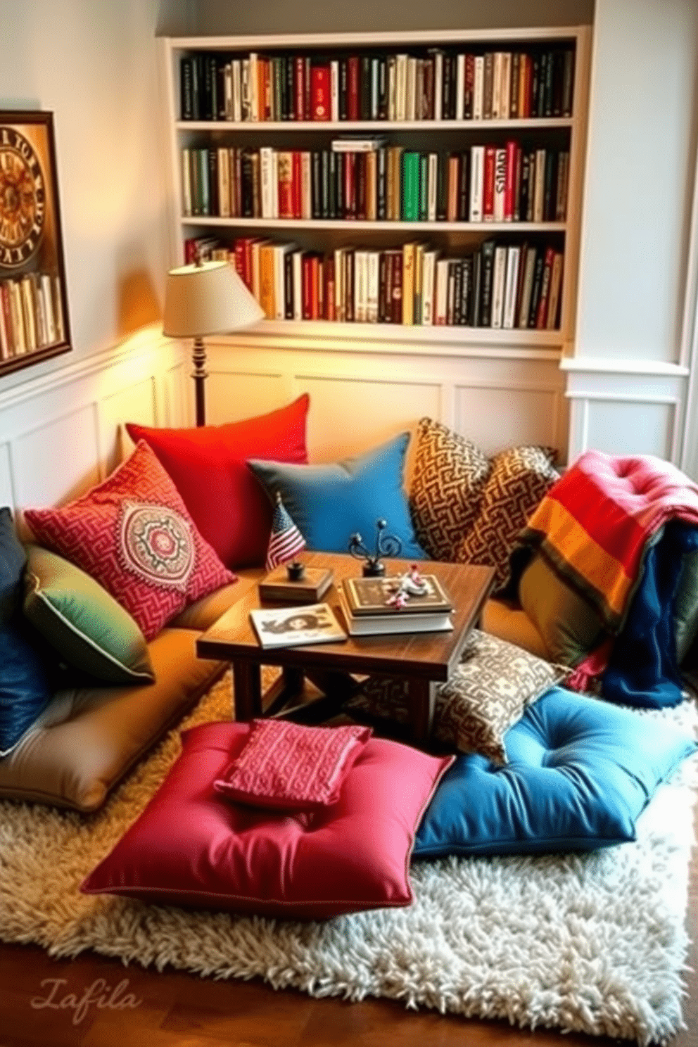 Create a cozy reading nook featuring a collection of colorful floor cushions arranged around a low wooden table. Soft, ambient lighting from a nearby lamp enhances the inviting atmosphere, while a bookshelf filled with well-loved novels lines the wall. Incorporate seasonal decorations to celebrate Labor Day, such as small patriotic accents on the table and a vibrant throw draped over one of the cushions. Add a plush rug underneath to provide warmth and comfort, making it the perfect spot to unwind with a good book.