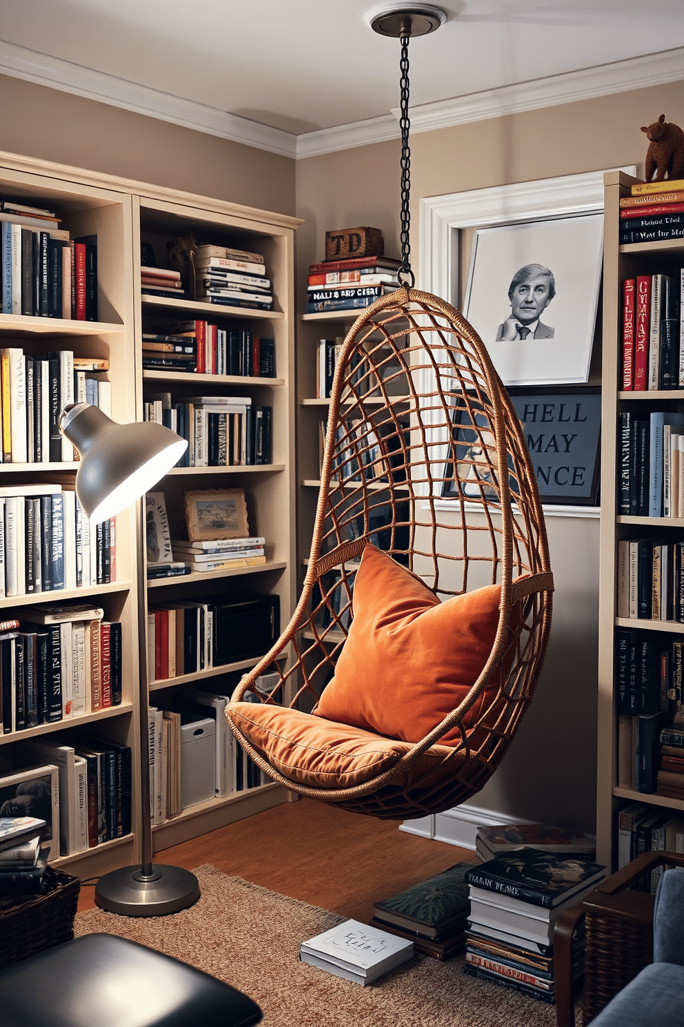 A cozy reading nook featuring a stylish hanging chair suspended from the ceiling. The chair is adorned with plush cushions in warm tones, inviting relaxation and comfort. Surrounding the nook are bookshelves filled with an eclectic mix of books and decorative items. Soft lighting from a nearby floor lamp creates a warm and inviting atmosphere perfect for Labor Day reading.