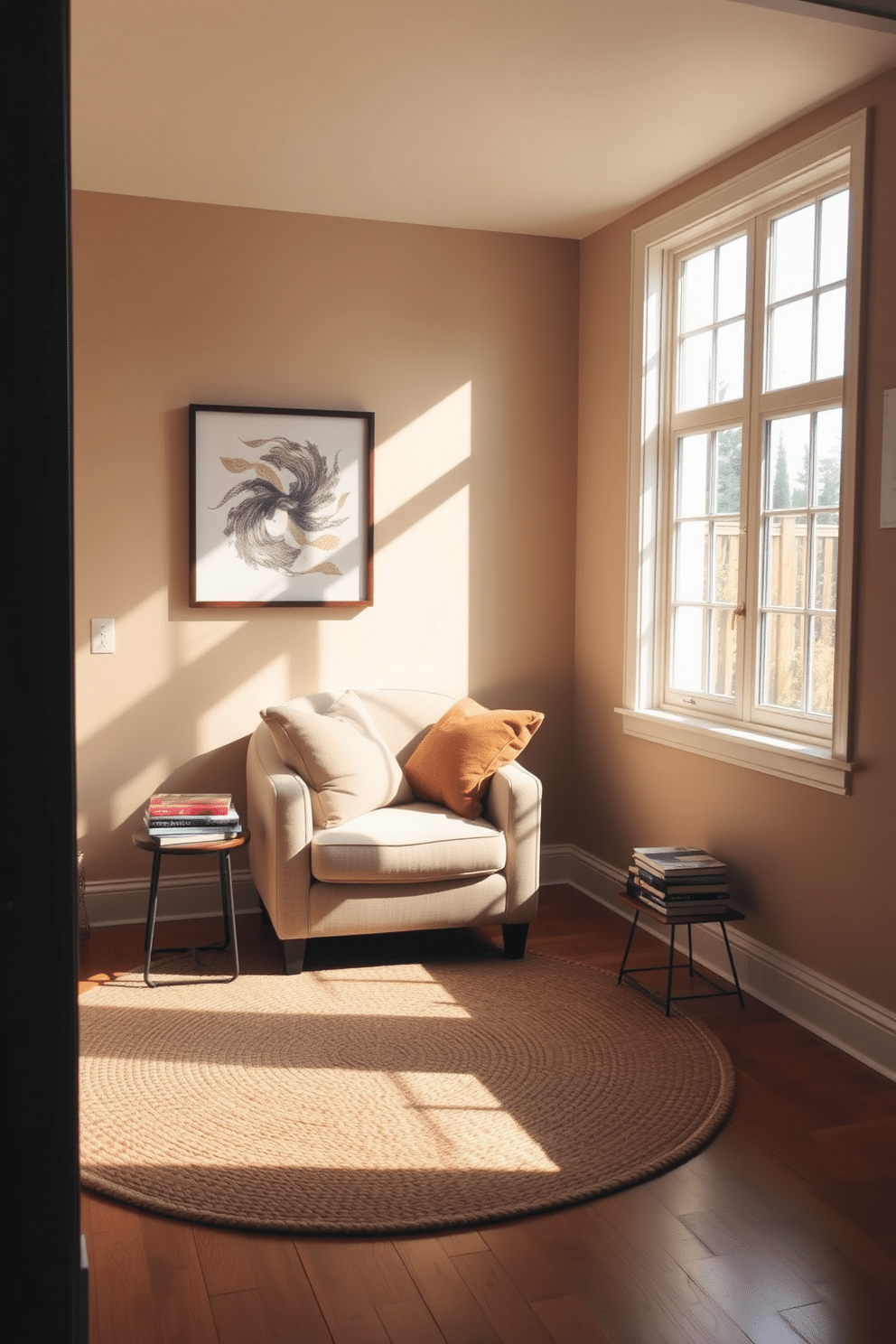 A cozy reading nook bathed in natural light from a large window. The space features a plush armchair with soft cushions and a small side table stacked with books. The walls are painted in a warm beige tone, creating an inviting atmosphere. A woven rug lies on the hardwood floor, adding texture and comfort to the area.