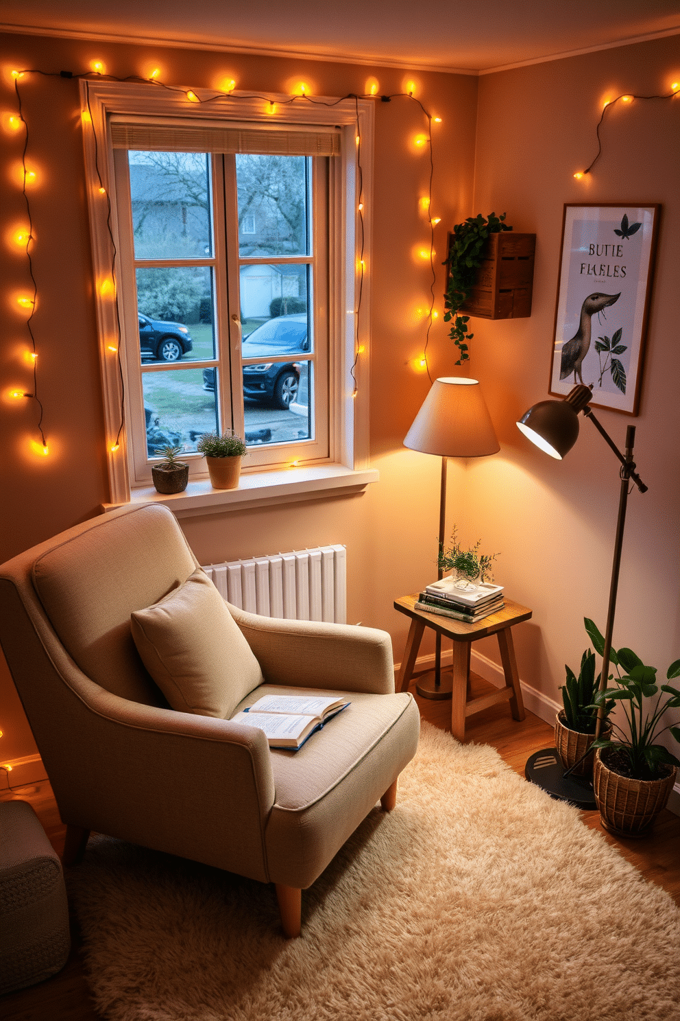 A cozy reading nook filled with warm lighting from fairy lights strung along the walls. A plush armchair in a soft fabric sits in the corner, accompanied by a small wooden side table stacked with books and a steaming cup of tea. The nook features a soft area rug that adds warmth to the space, while a floor lamp provides additional light for evening reading. A few potted plants are placed nearby, bringing a touch of nature into this inviting corner perfect for relaxation.