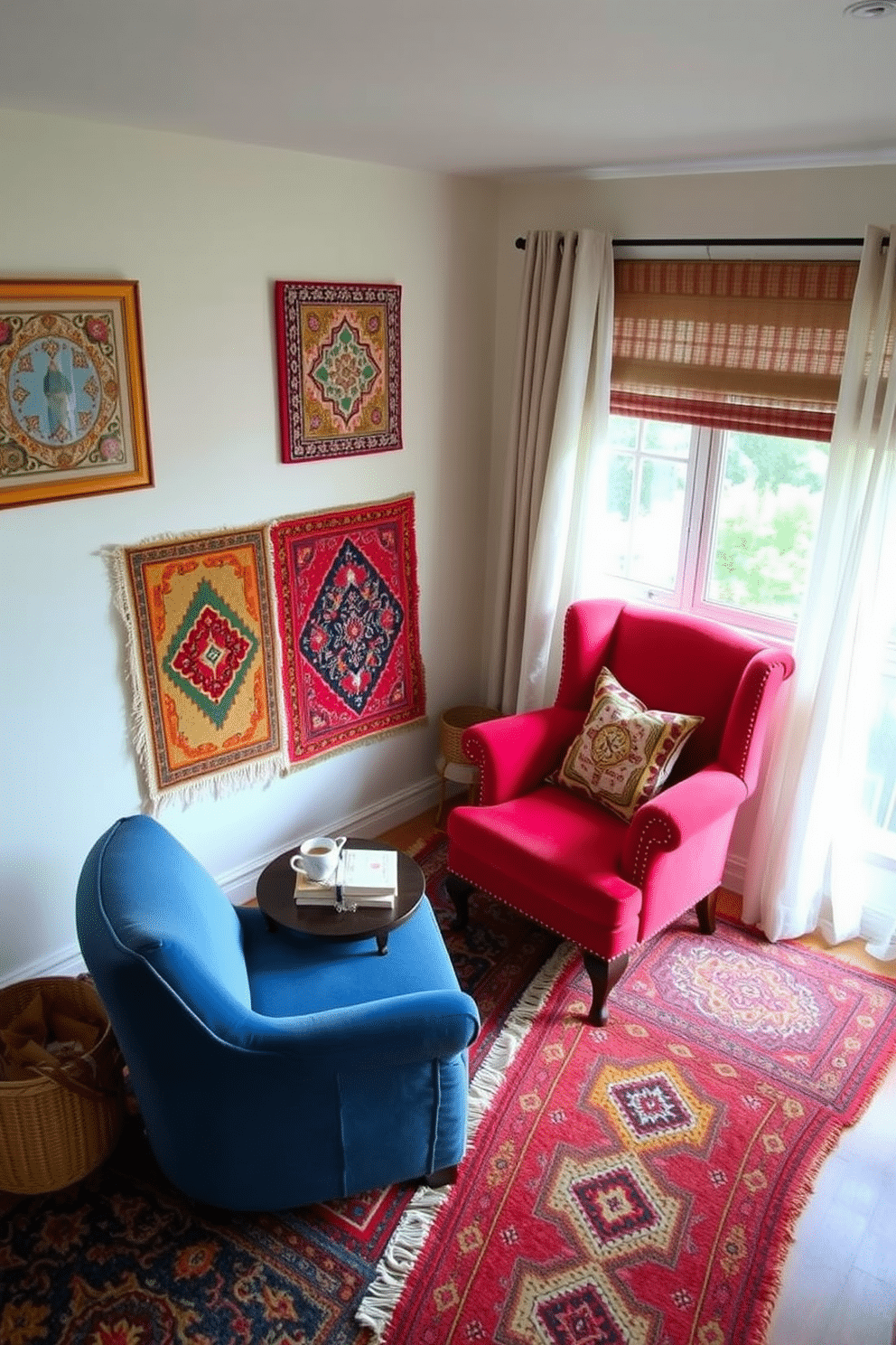 A cozy reading nook adorned with colorful rugs that define the space. The nook features a plush armchair in a vibrant hue, accompanied by a small side table stacked with books and a steaming cup of tea. The walls are painted in a soft neutral tone to complement the rugs. A large window allows natural light to flood the area, enhancing the inviting atmosphere with sheer curtains gently swaying in the breeze.