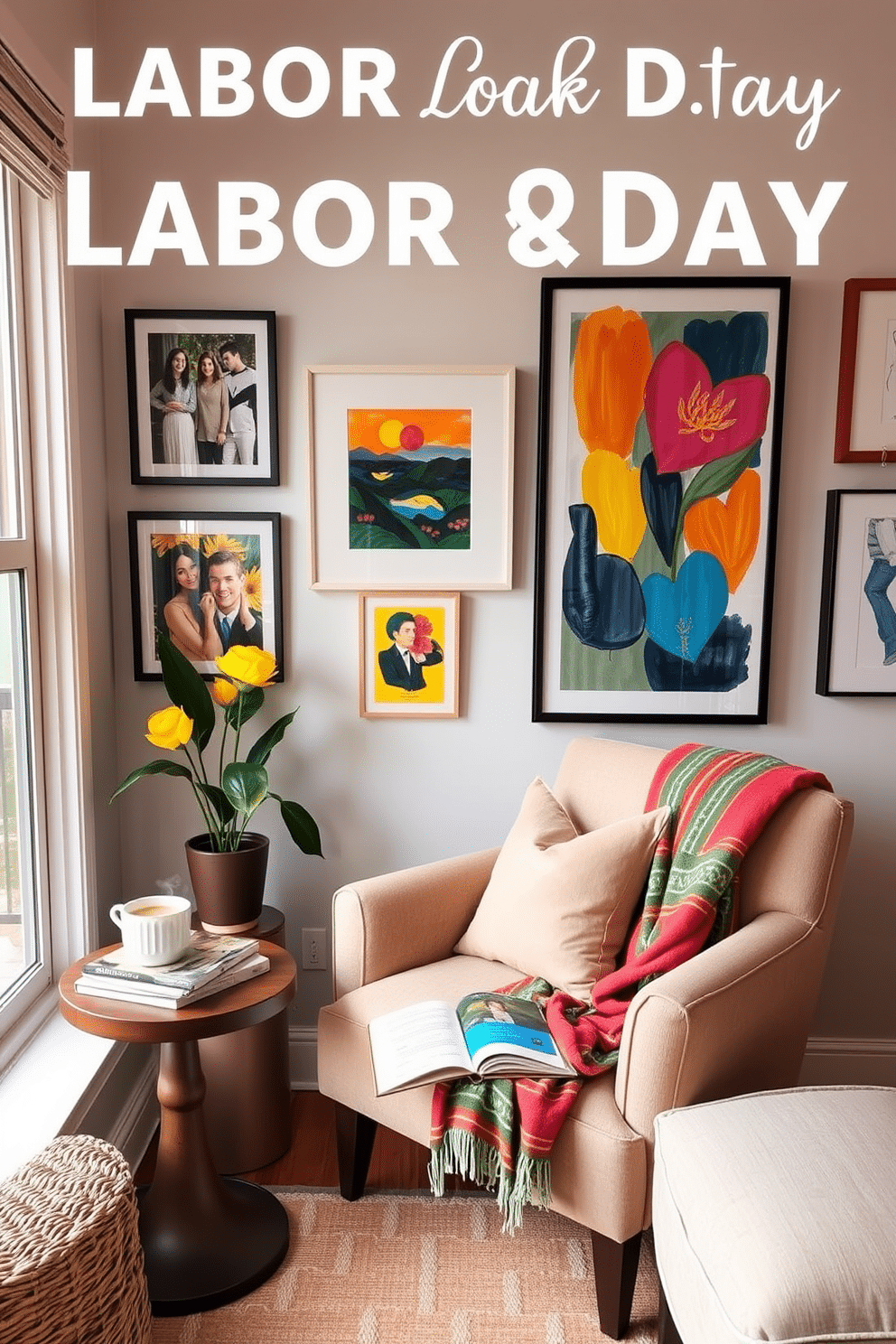 A cozy reading nook designed for Labor Day relaxation features a plush armchair upholstered in soft fabric, positioned next to a large window that lets in natural light. A small side table holds a stack of books and a steaming cup of coffee, while a colorful throw blanket drapes over the armchair. Personalized artwork adorns the walls, showcasing vibrant pieces that reflect the homeowner's style and interests. A gallery wall arrangement includes framed photographs and abstract paintings, creating a warm and inviting atmosphere perfect for enjoying a good book.