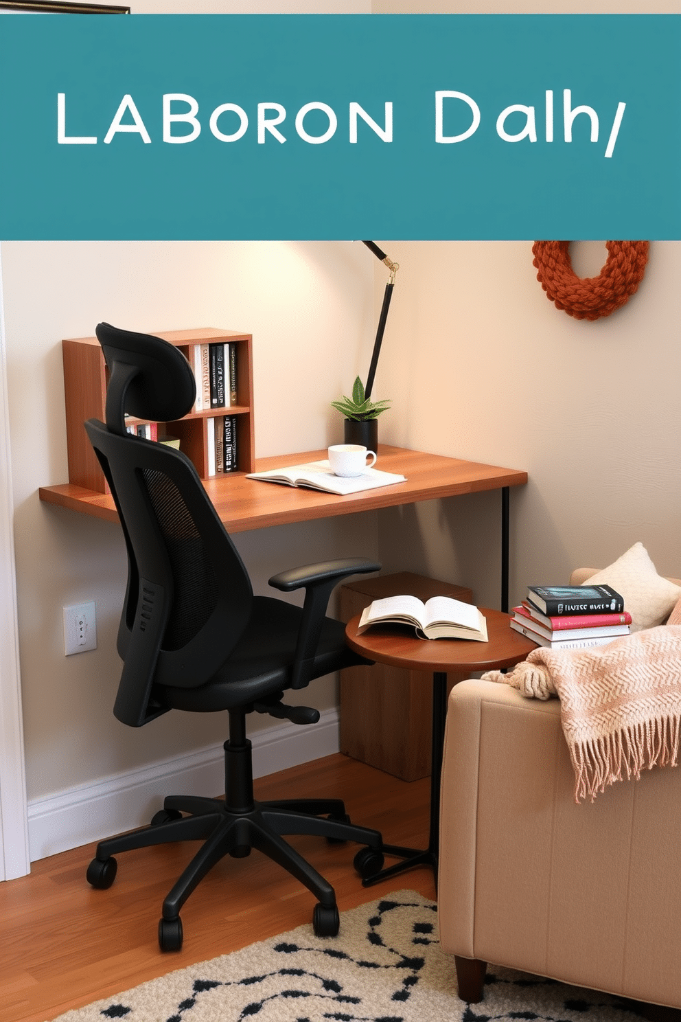 A compact desk designed for reading and writing. The desk features a sleek wooden surface paired with a comfortable ergonomic chair, and a small bookshelf is positioned nearby for easy access to books. Labor Day reading nook decorated with cozy elements. Soft cushions and a warm throw blanket are arranged on a plush armchair, while a small side table holds a steaming cup of tea and a stack of seasonal reading materials.