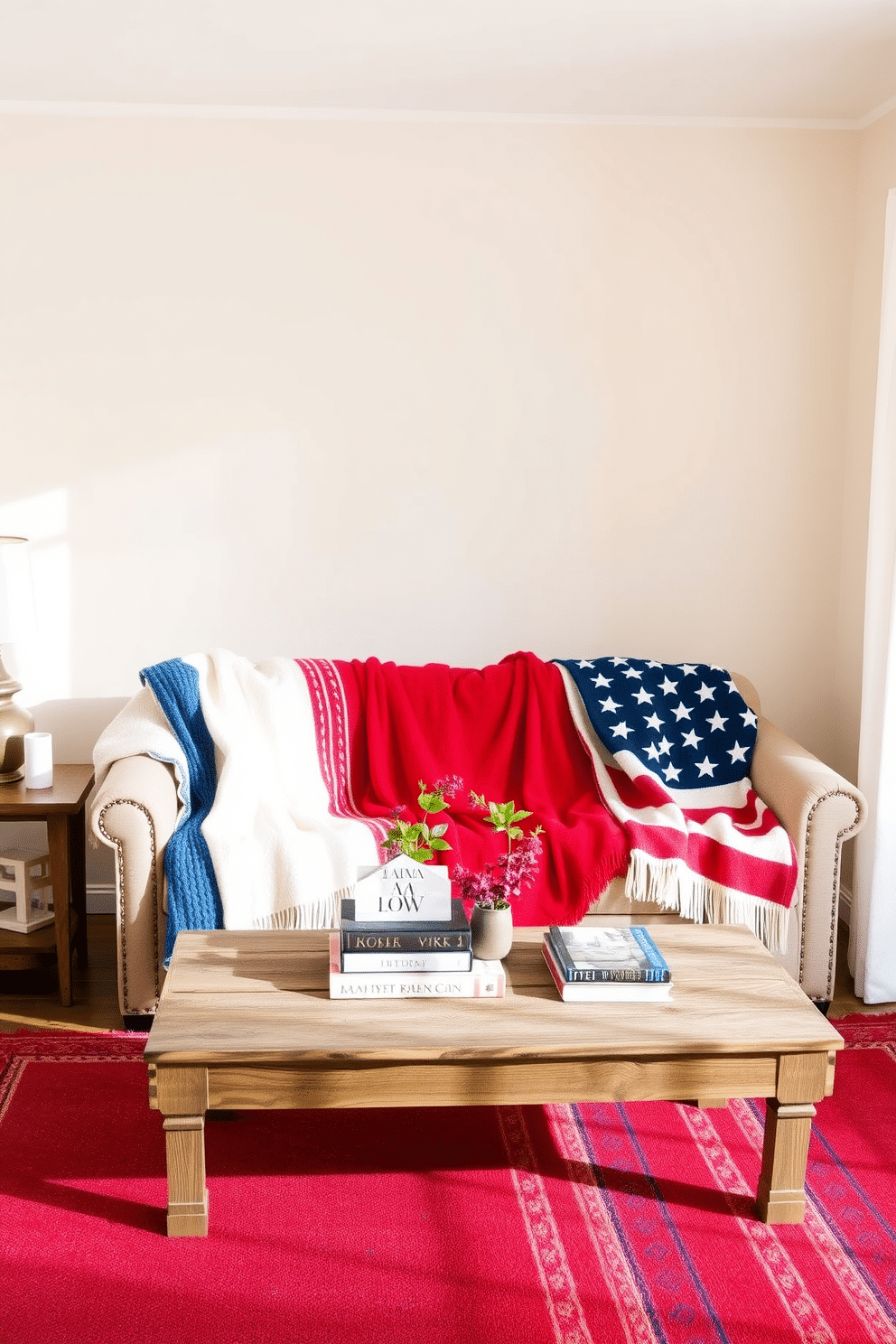 Cozy throw blankets in patriotic colors are draped over a plush sofa in a small living room. The walls are painted in a soft cream hue, and a rustic coffee table sits in front, adorned with a few decorative books and a small potted plant. A cheerful red and blue rug anchors the space, complementing the throw blankets perfectly. Natural light streams in through sheer curtains, creating a warm and inviting atmosphere for Labor Day celebrations.