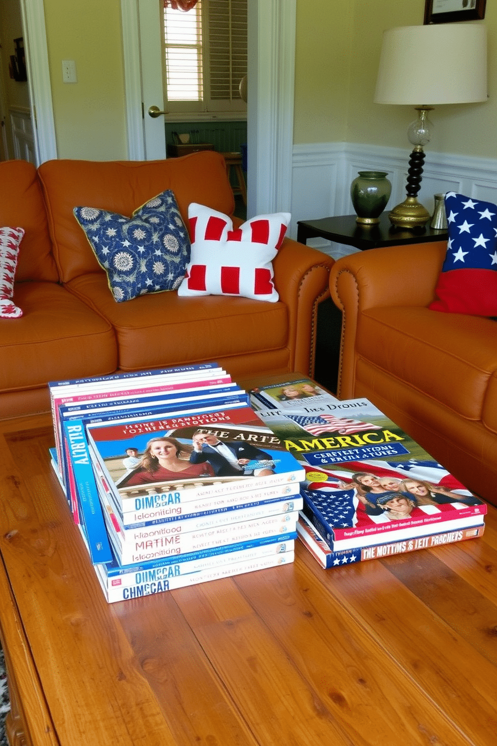 A collection of patriotic-themed coffee table books is arranged neatly on a rustic wooden coffee table. The books feature vibrant covers showcasing American history and culture, adding a touch of pride to the small living room. The small living room is decorated with cozy furniture in warm tones, creating an inviting atmosphere. Soft throw pillows in red, white, and blue complement the decor, enhancing the patriotic theme while ensuring comfort.