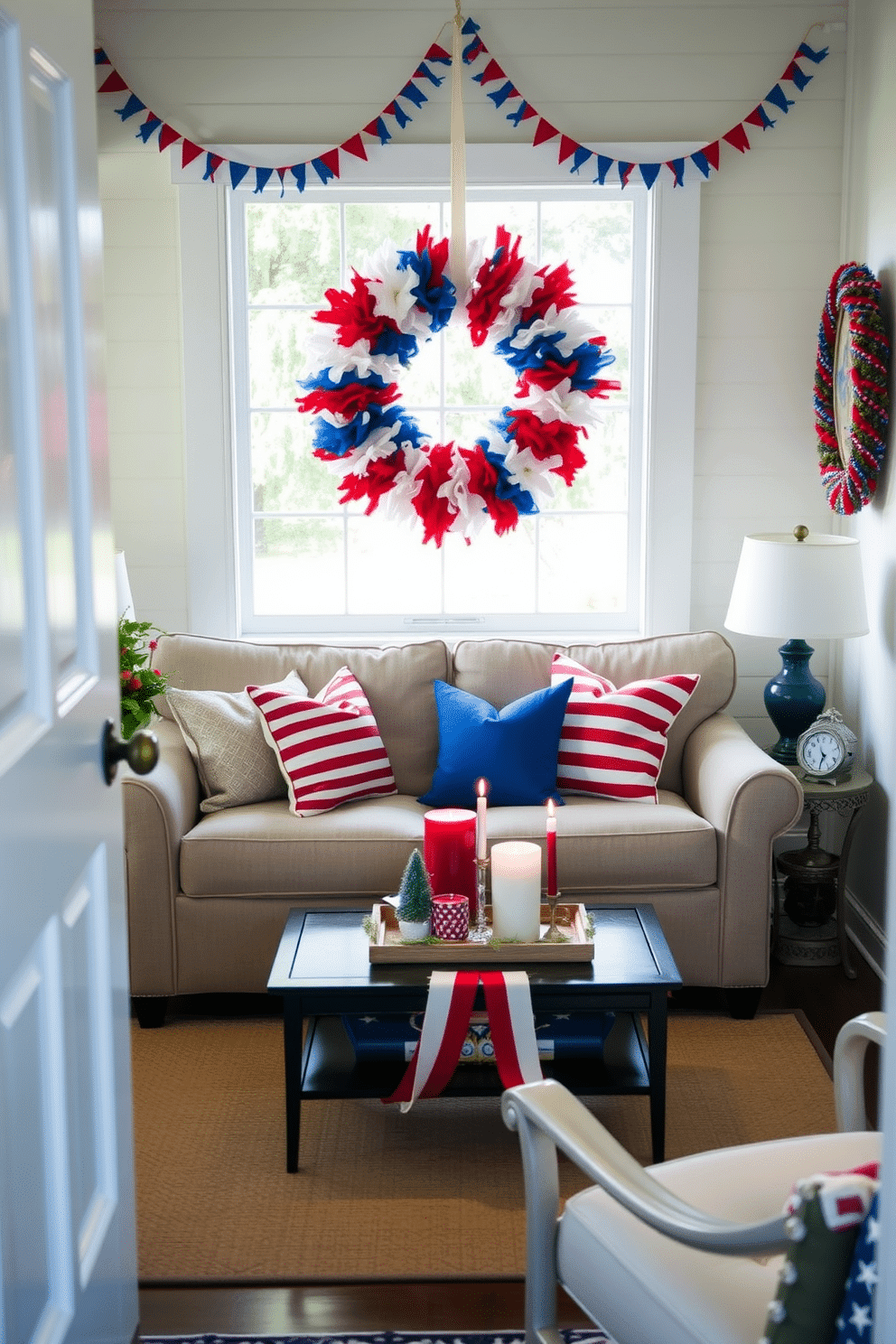 A charming small living room adorned with a wreath made of red, white, and blue decorations for Labor Day. The wreath hangs prominently on the front door, inviting a festive atmosphere into the cozy space. Inside, a comfortable sofa in a neutral tone is accented with vibrant throw pillows in patriotic colors. A small coffee table in the center features a decorative arrangement of candles and seasonal decor, enhancing the holiday spirit.