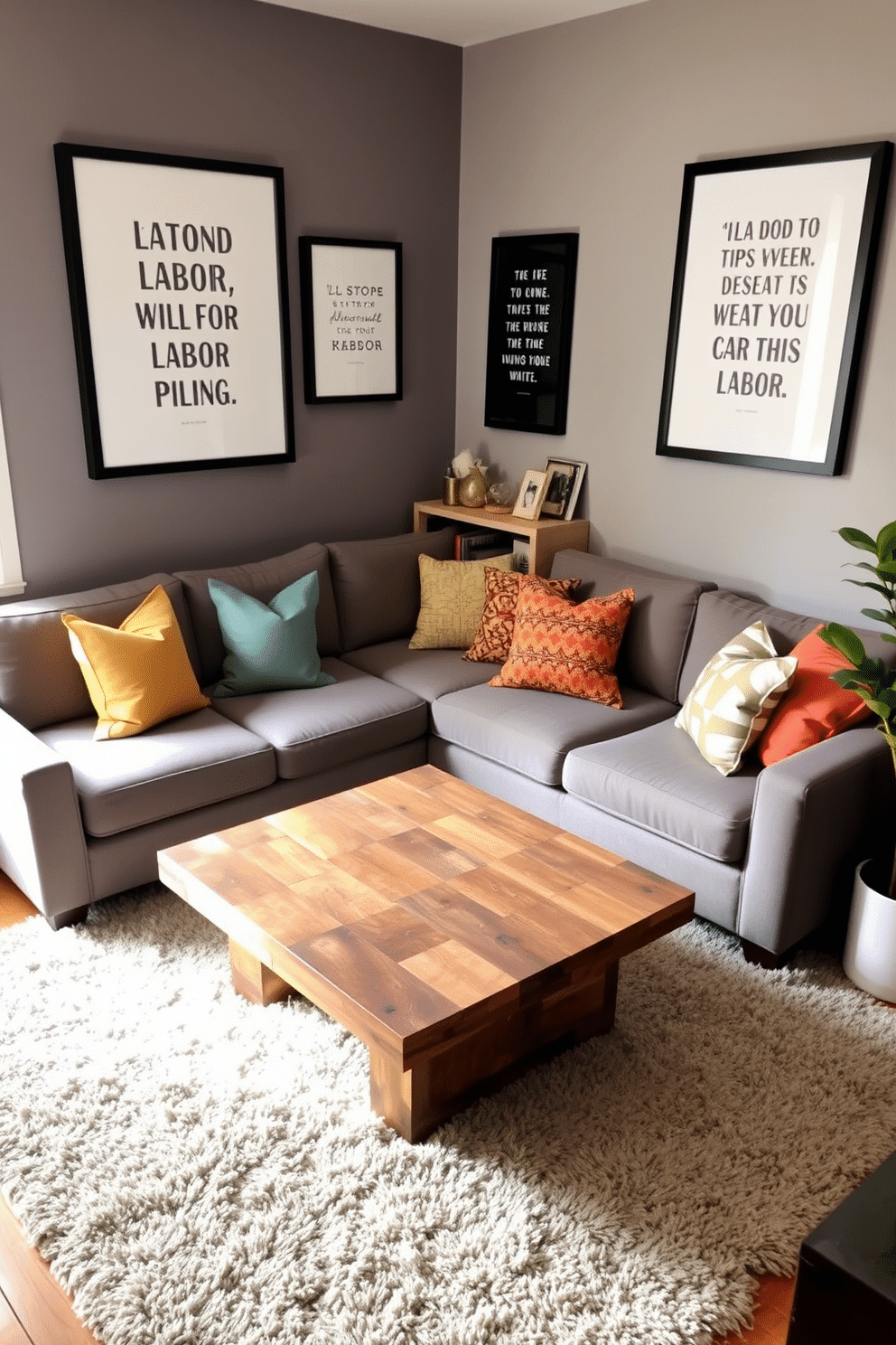 A cozy small living room featuring a comfortable sectional sofa in a soft gray fabric, accented with colorful throw pillows. A rustic coffee table made of reclaimed wood sits in the center, surrounded by a plush area rug that adds warmth to the space. On the walls, framed quotes about labor and unity are displayed in stylish black frames, creating a thoughtful atmosphere. A small bookshelf filled with books and decorative items adds character, while a potted plant in the corner brings a touch of nature indoors.