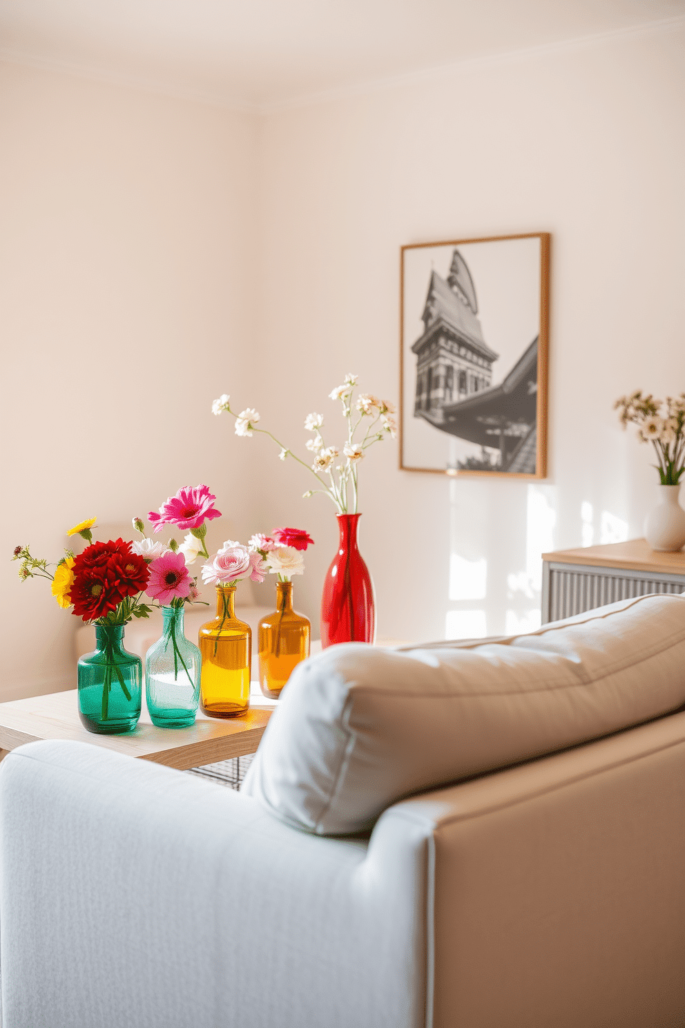 A cozy small living room adorned with colorful vases filled with fresh blooms. The vases are arranged on a light wooden coffee table, adding a vibrant touch to the space. Soft, neutral-colored walls create a warm backdrop for the decor. A plush, oversized sofa in a light gray fabric complements the lively colors of the vases.