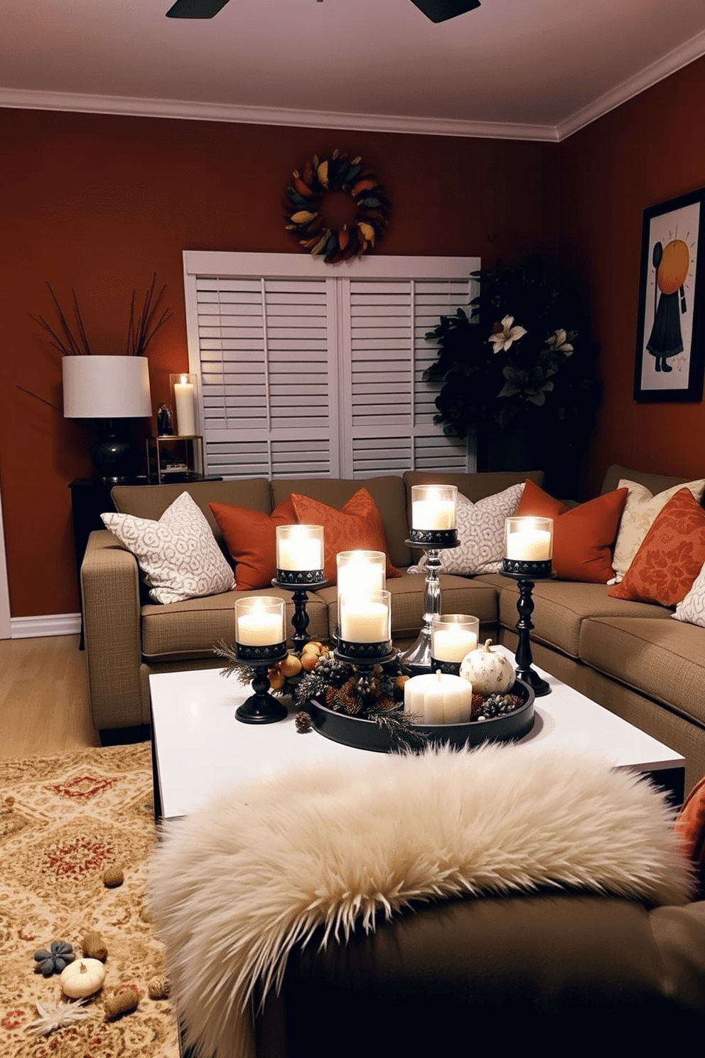 A cozy small living room adorned with seasonal candles in festive holders. The candles are arranged on a stylish coffee table, surrounded by autumn-themed decorations and soft cushions. The walls are painted in warm earth tones, creating an inviting atmosphere. A plush area rug lies on the floor, complementing the overall decor while providing comfort and warmth.