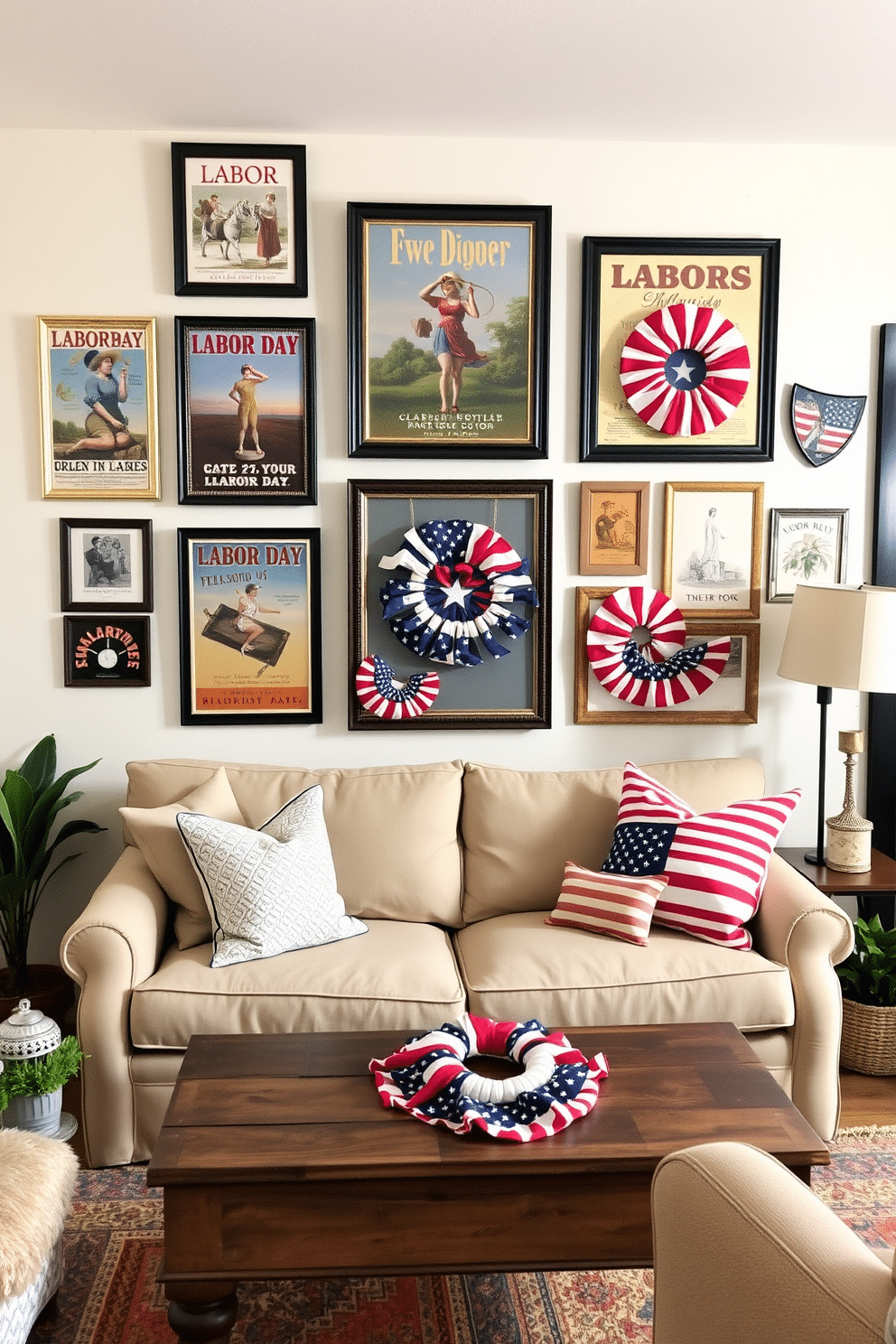 A gallery wall showcasing Labor Day themes. It includes framed vintage posters, patriotic colors, and seasonal decorations that celebrate the holiday. The small living room is adorned with cozy furniture and accents that reflect the spirit of Labor Day. A comfortable sofa is paired with a rustic coffee table, and throw pillows in red, white, and blue enhance the festive atmosphere.