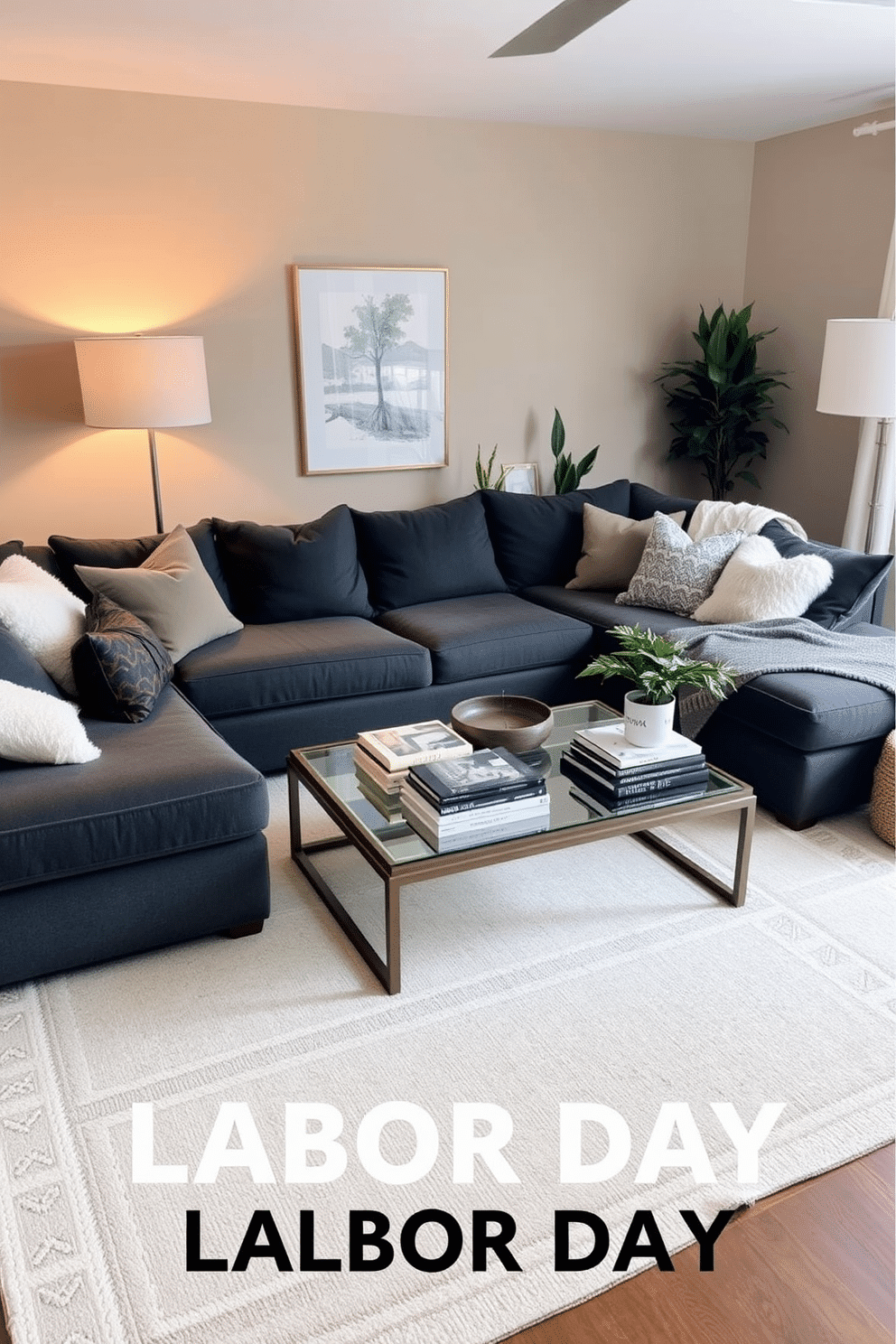 A cozy living room featuring a mix of textures with plush pillows and soft throws scattered across a deep gray sectional sofa. The walls are painted in a warm beige tone, and a large area rug with a subtle geometric pattern anchors the space. On the coffee table, a curated selection of books and a decorative tray add interest, while an oversized floor lamp provides warm ambient lighting. A few potted plants in varying heights bring a touch of greenery, creating a welcoming and stylish atmosphere for Labor Day gatherings.