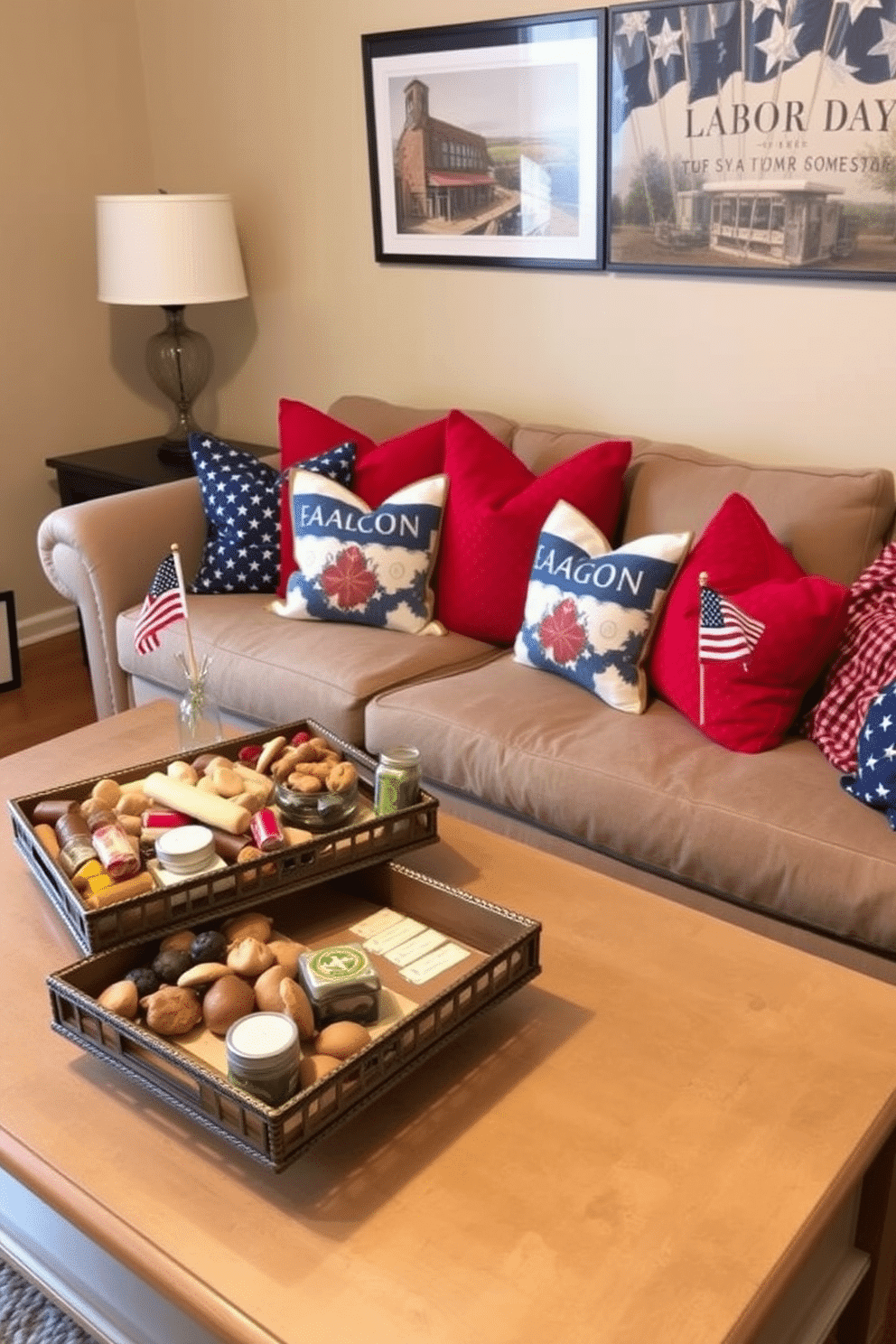 A cozy small living room setting designed for Labor Day celebrations. Decorative trays are elegantly arranged on a coffee table, filled with an assortment of snacks and treats for guests to enjoy. The walls are painted in a warm beige tone, creating a welcoming atmosphere. Plush cushions in shades of red and blue are scattered across a comfortable sofa, enhancing the festive vibe.