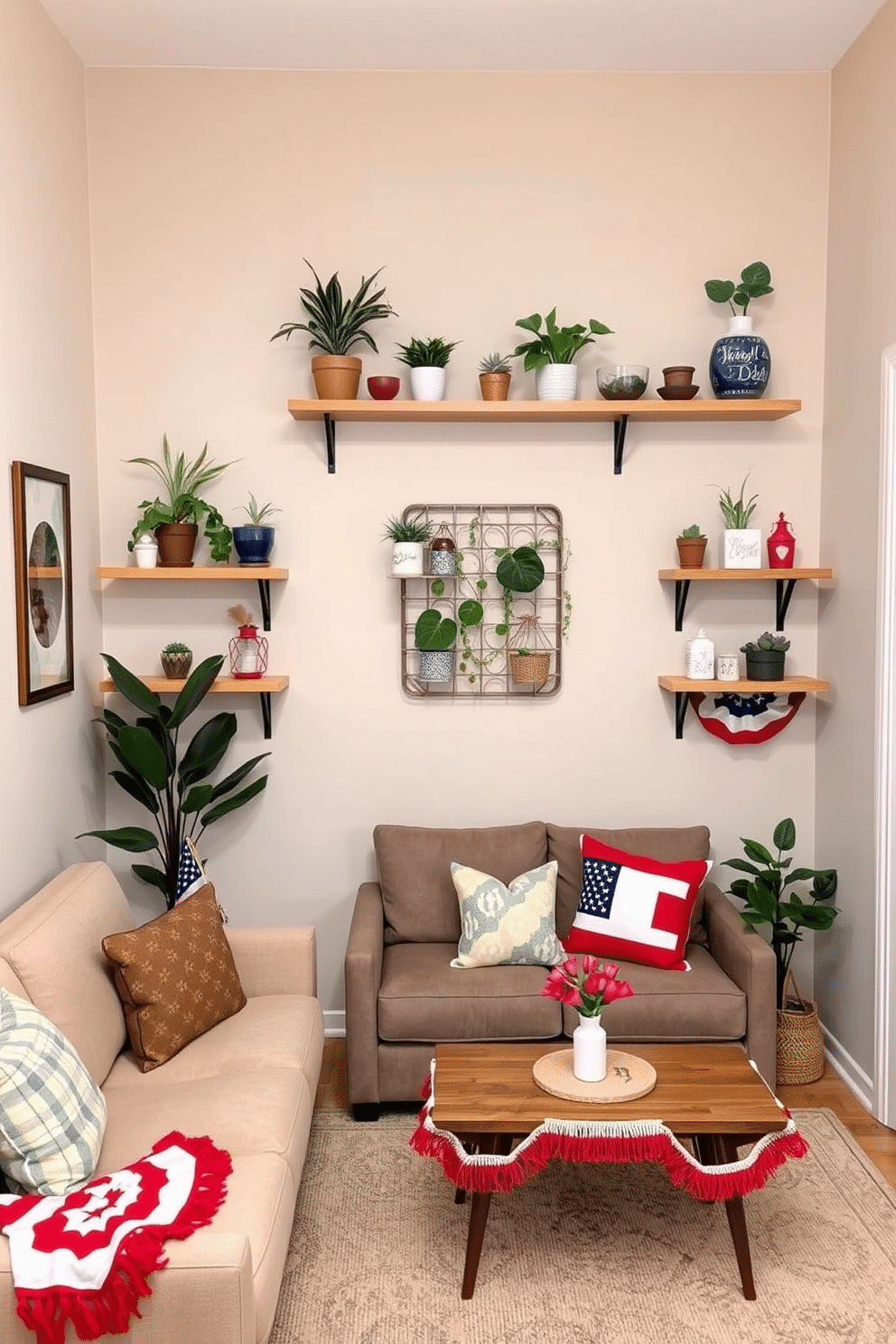 A cozy small living room featuring wall-mounted shelves adorned with various plants and decorative items. The shelves are made of natural wood, creating a warm contrast against the soft beige walls. Incorporate a comfortable seating area with a stylish sofa and a coffee table that complements the overall design. Add touches of seasonal decor inspired by Labor Day, such as red, white, and blue accents to create a festive atmosphere.