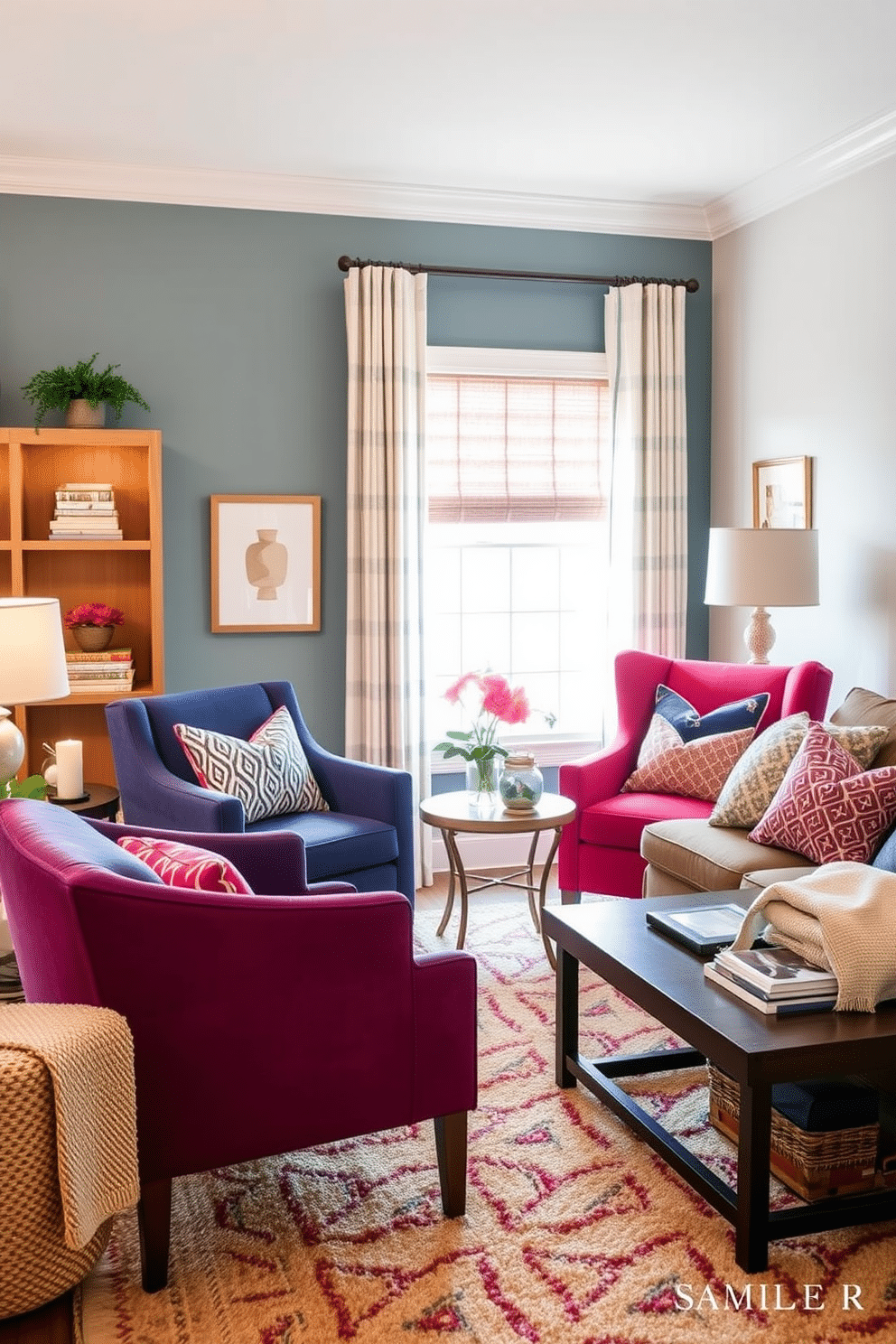 Accent chairs in bold colors create a vibrant focal point in a cozy living room. The space features a mix of textures with a plush area rug and warm lighting to enhance the inviting atmosphere. Incorporate seasonal decor elements for a festive touch during Labor Day. Use decorative pillows and throws in complementary hues to tie the color scheme together while maintaining a relaxed vibe.