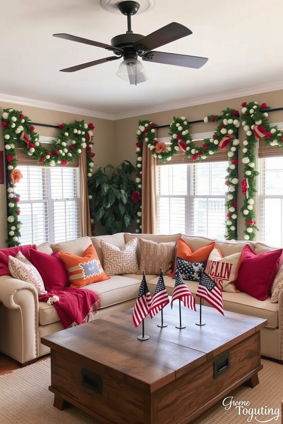 A cozy living room decorated for Labor Day features seasonal garlands draped elegantly over the furniture. The warm tones of the garlands complement the soft beige sofa, while a rustic coffee table is adorned with small American flag accents and vibrant cushions.