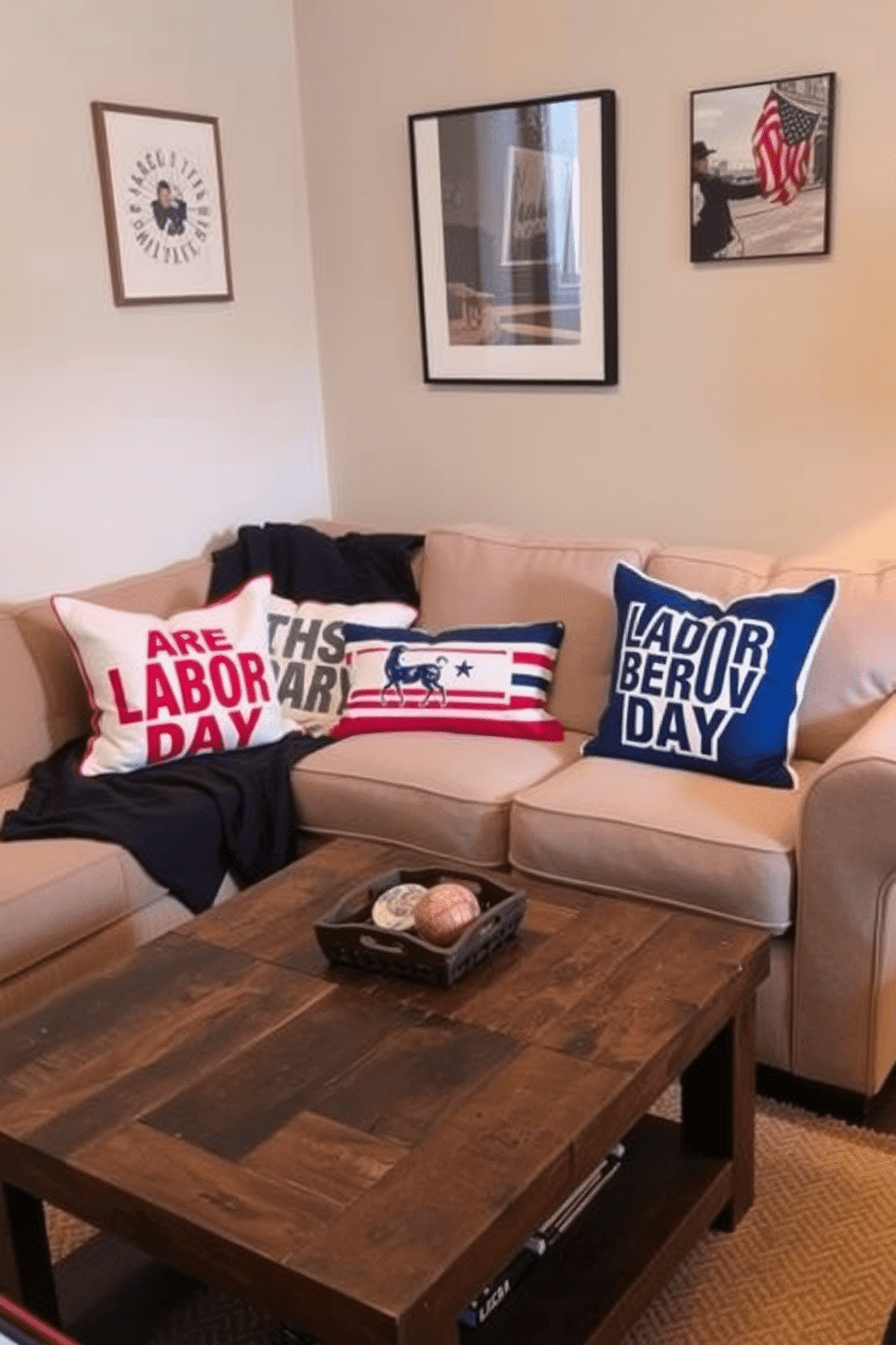 Throw pillows featuring labor-themed designs adorn a cozy small living room. The vibrant colors and bold graphics celebrate the spirit of Labor Day while adding a touch of personality to the space. A soft, neutral sofa provides the perfect backdrop for these statement pillows. A rustic coffee table sits in front, surrounded by warm lighting that creates an inviting atmosphere.