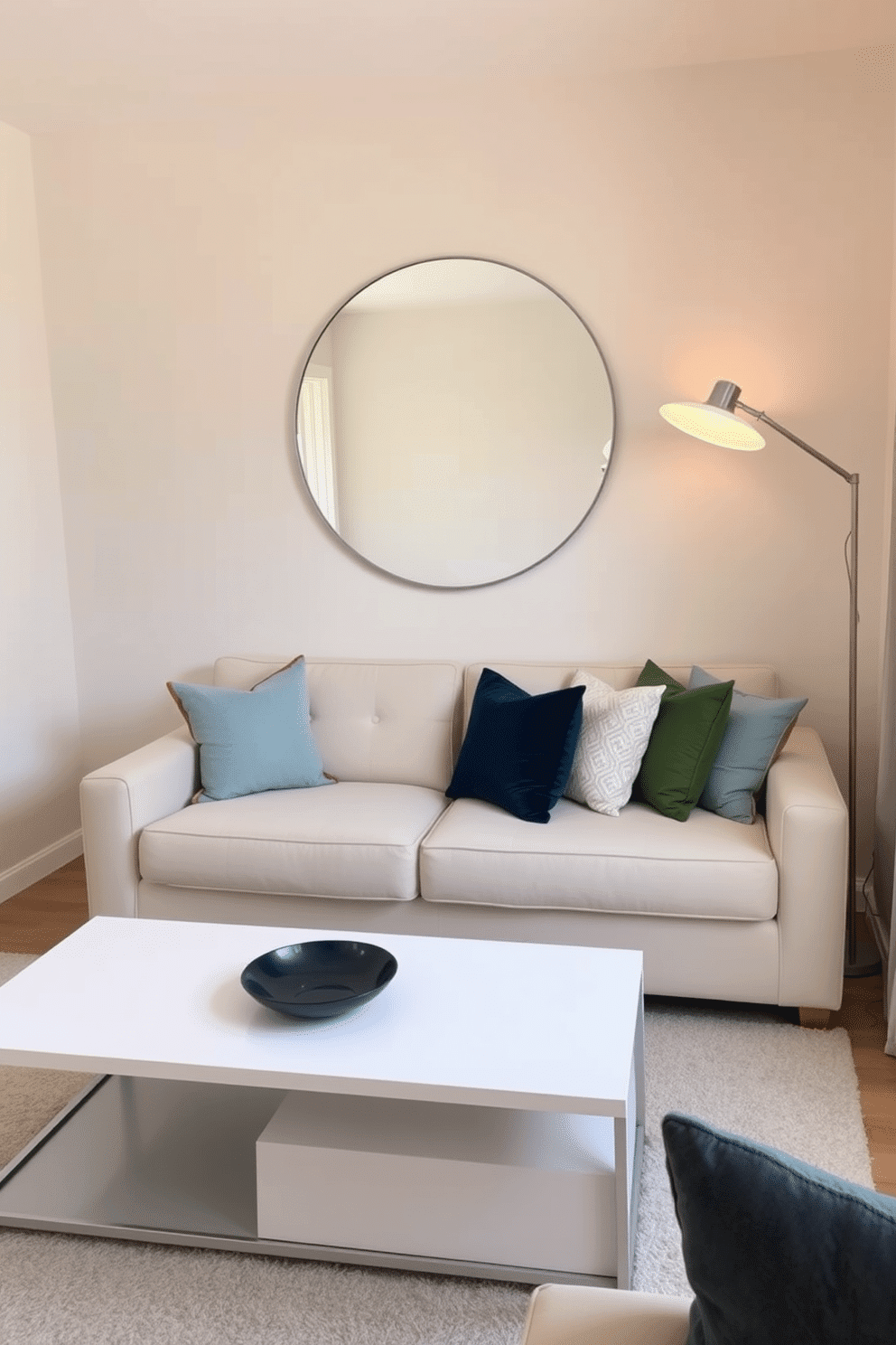 A cozy small living room featuring a light color palette with soft beige walls and a plush cream sofa. A large round mirror hangs above a sleek coffee table, reflecting natural light and creating an illusion of more space. Decorative pillows in shades of blue and green add a pop of color to the sofa. A stylish floor lamp stands next to the sofa, providing warm ambient lighting for a welcoming atmosphere.