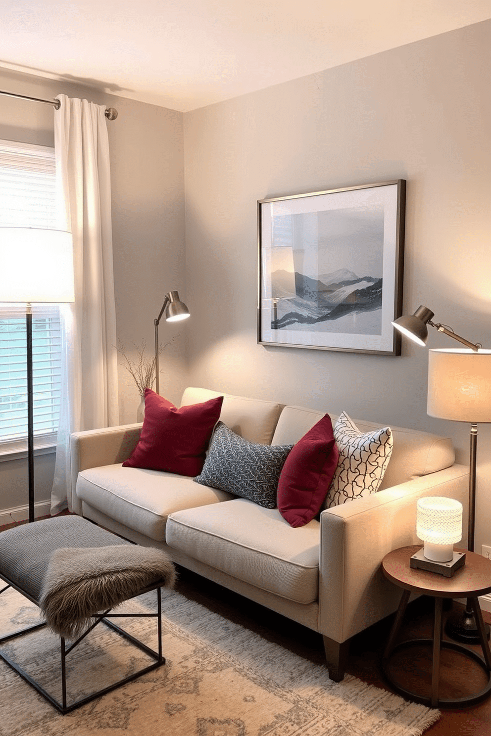 A cozy small living room featuring layered lighting with a combination of stylish floor and table lamps. The room is adorned with a soft area rug, a comfortable sofa in neutral tones, and decorative throw pillows that add a pop of color.