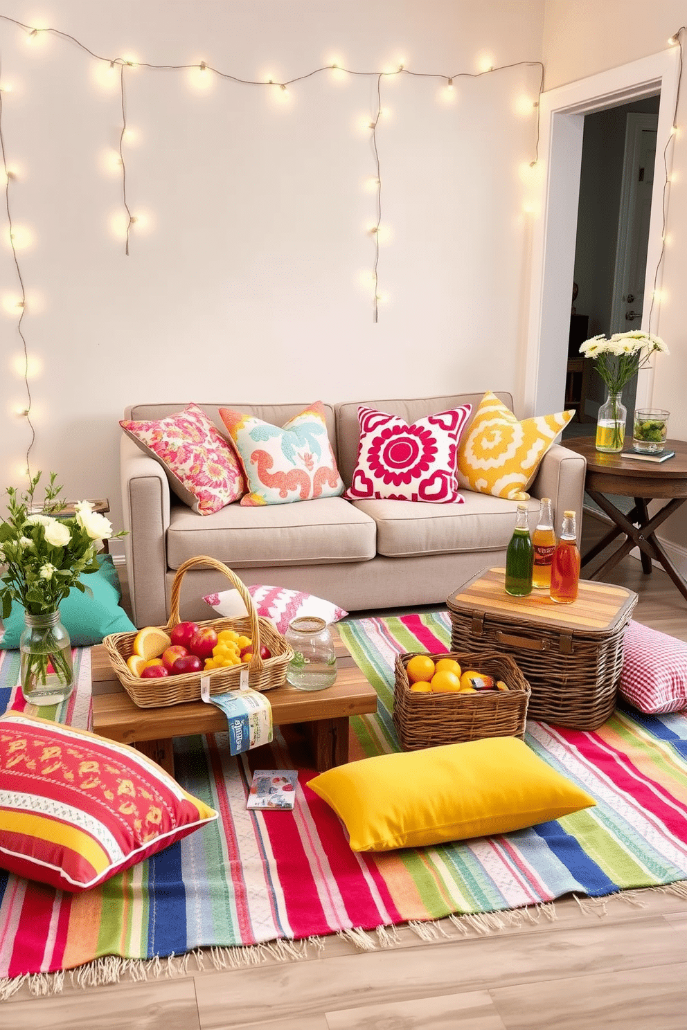 Charming picnic setup in the living room. A colorful blanket is spread across the floor, surrounded by an assortment of pillows in various patterns and textures. A wooden coffee table is set with a picnic basket filled with fresh fruits and sandwiches. Nearby, a small vase holds wildflowers, adding a touch of nature to the cozy indoor space. Labor Day small living room decorating ideas. Soft string lights are draped along the walls, creating a warm and inviting atmosphere for gathering with friends. A low-profile sofa is adorned with vibrant throw pillows, and a rustic side table holds a selection of refreshing drinks.