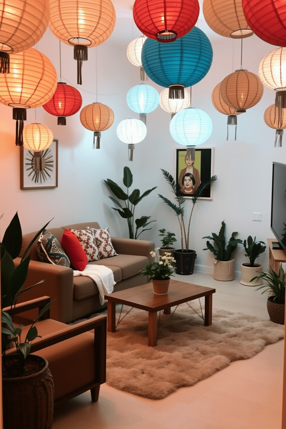 A cozy small living room adorned with hanging paper lanterns that create a warm and inviting ambiance. The space features a plush sofa with colorful throw pillows and a stylish coffee table at the center, perfect for relaxation and gatherings. Decorative accents include a soft area rug and potted plants that add a touch of greenery. The walls are painted in a light neutral tone, enhancing the overall brightness and comfort of the room.