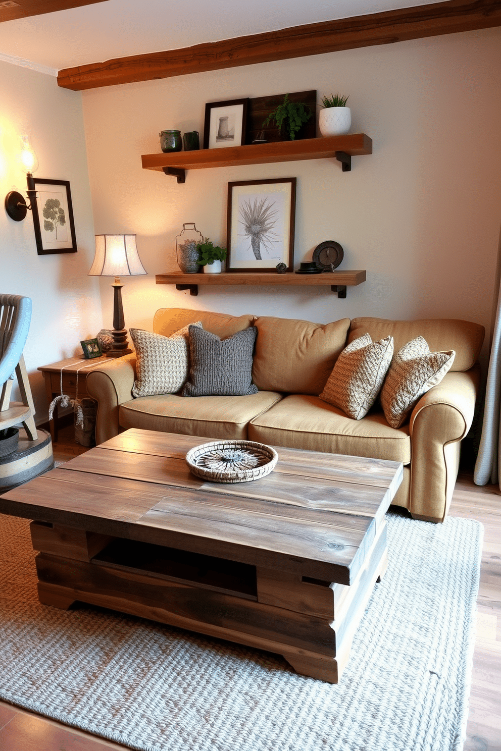 A cozy small living room featuring rustic wooden elements that create a warm and inviting atmosphere. The space includes a reclaimed wood coffee table paired with a comfortable, oversized sofa adorned with textured throw pillows. Warm, earthy tones dominate the color palette, complemented by soft lighting from vintage-style lamps. A woven area rug anchors the seating area, while wooden shelves display curated decor and plants for added charm.