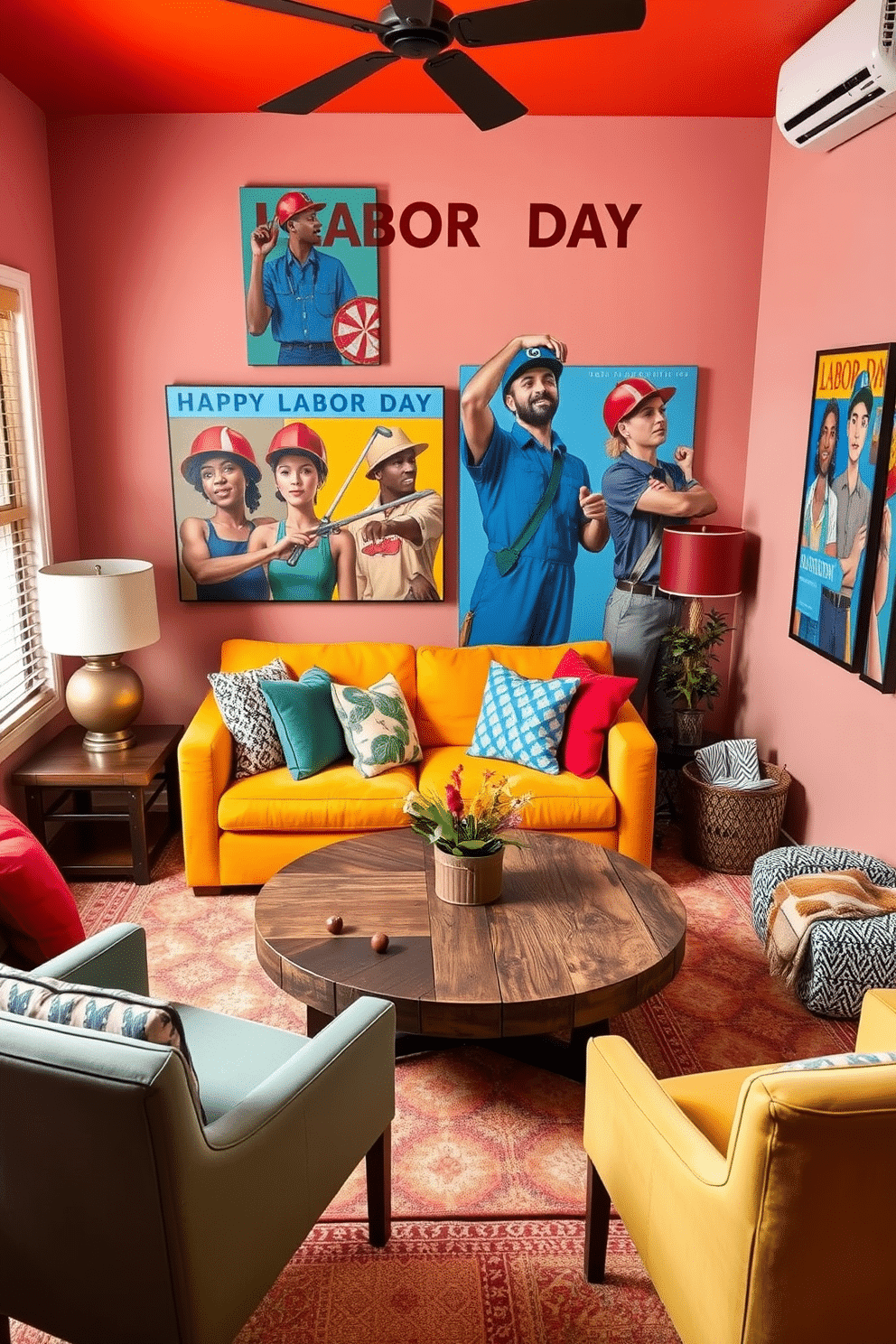 A small living room filled with vibrant colors and cozy furnishings. The walls are adorned with colorful artwork celebrating Labor Day, showcasing diverse workers in dynamic poses. A plush sofa in a bright hue is positioned against one wall, complemented by a mix of patterned throw pillows. A round coffee table made of reclaimed wood sits in the center, surrounded by a few stylish accent chairs.