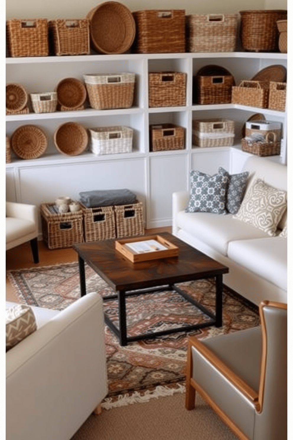 A cozy living room featuring creative storage solutions using various woven baskets. The baskets are arranged on shelves and under the coffee table, adding texture and warmth to the space. The room is decorated in a light color palette with a comfortable sofa and an accent chair. A small coffee table sits in the center, surrounded by a few decorative pillows and a stylish rug.