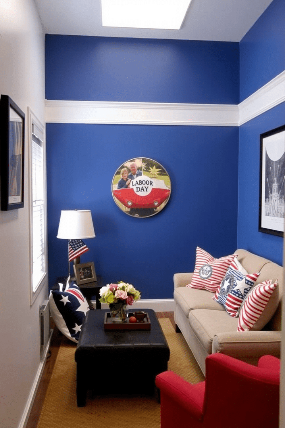 A small living room features a striking accent wall painted in red, white, and blue, creating a vibrant focal point. The space is adorned with comfortable seating and decorative elements that celebrate the spirit of Labor Day, incorporating festive cushions and artwork.