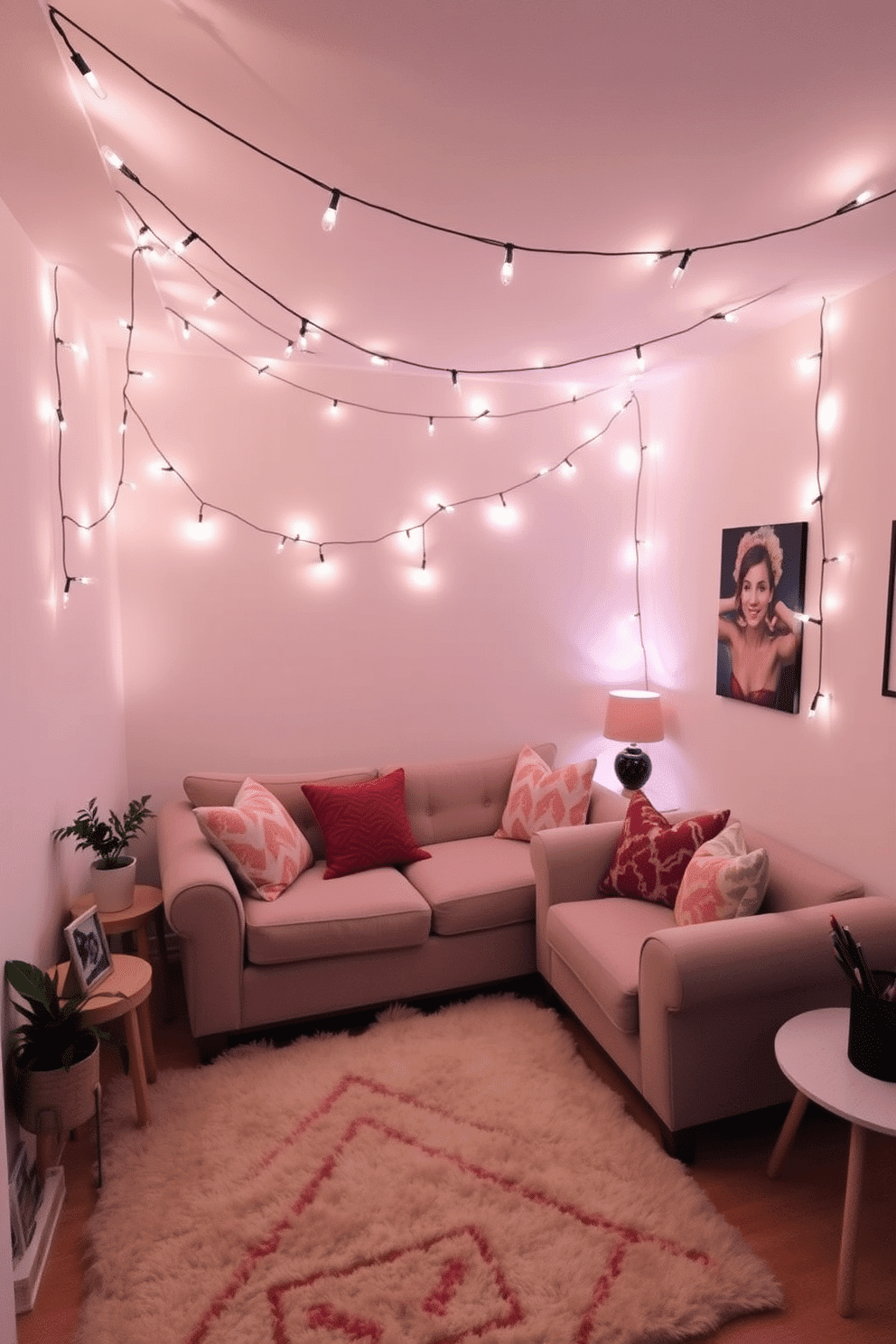 A cozy small living room adorned with soft lighting from string lights that create a warm and inviting atmosphere. The walls are painted in a light pastel hue, complemented by a plush area rug and a comfortable sofa adorned with colorful throw pillows.