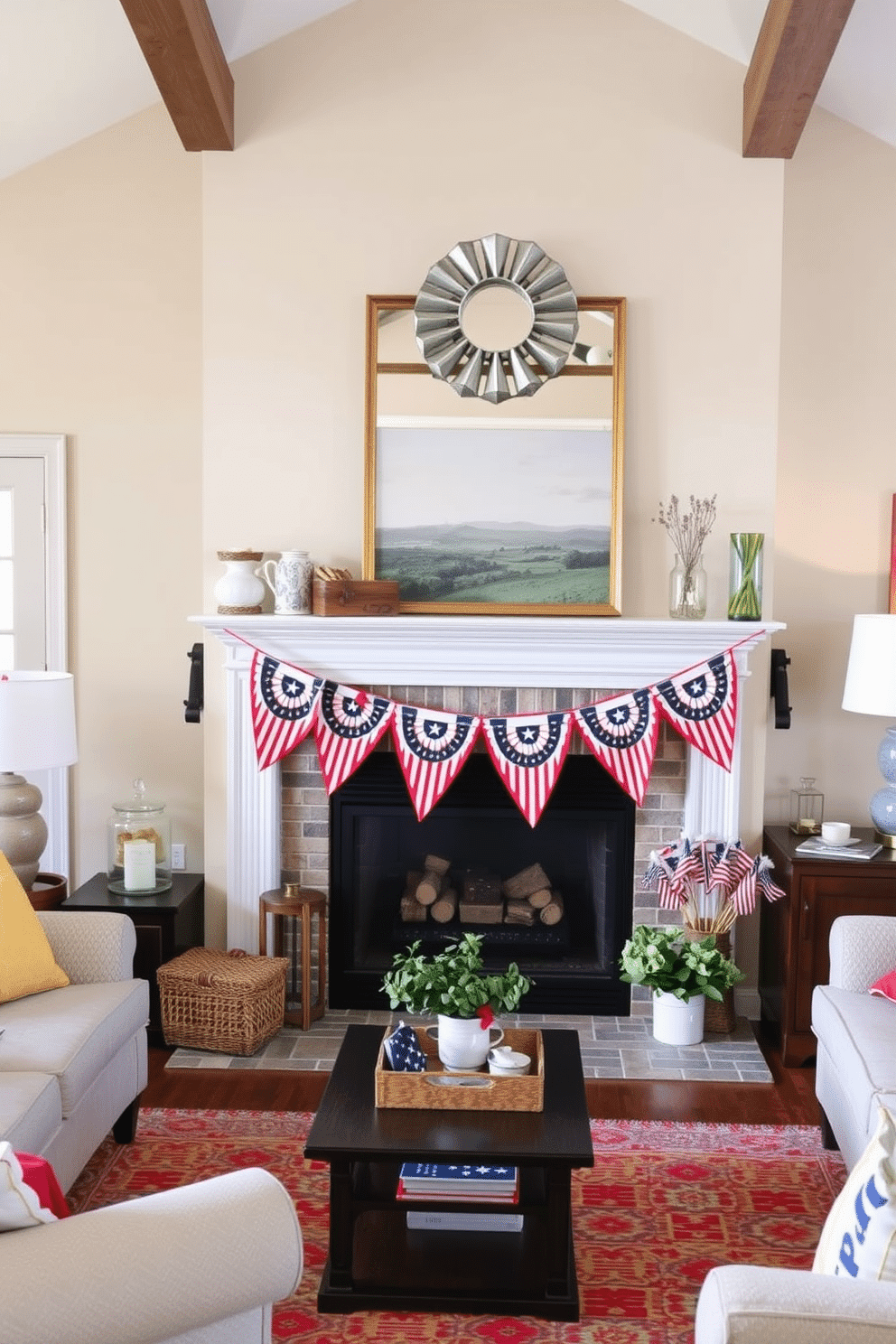 A cozy living room adorned with festive bunting draped elegantly across the mantel. The space is filled with warm colors and comfortable seating, creating an inviting atmosphere for Labor Day celebrations.