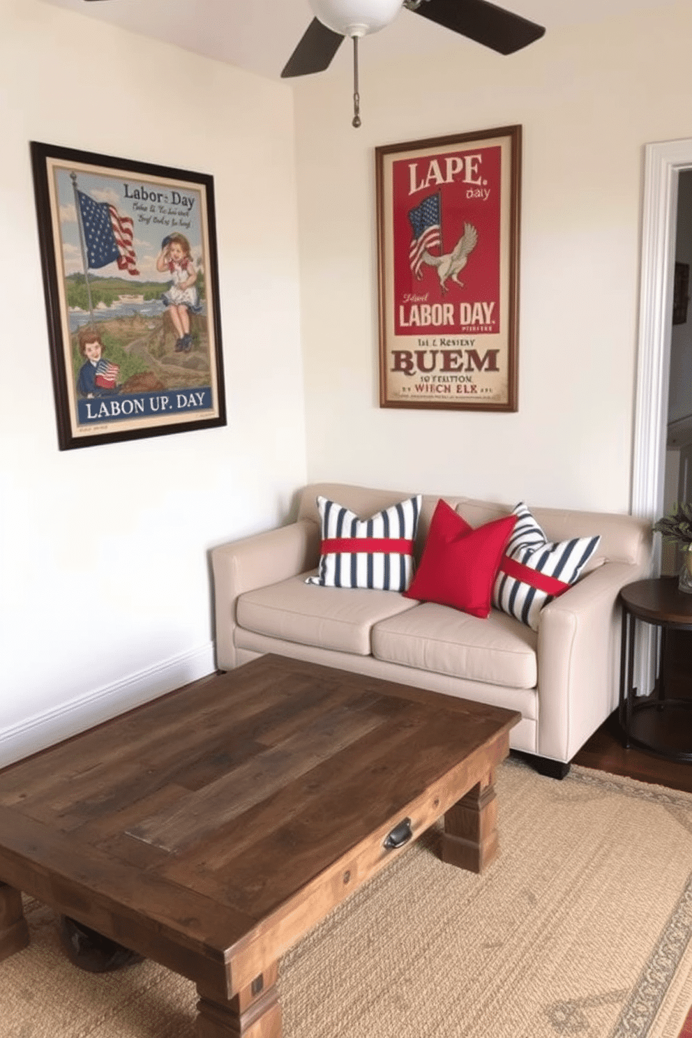 A cozy small living room featuring vintage Labor Day prints as wall art. The walls are painted in a soft cream color, and a plush beige sofa is positioned in front of a rustic wooden coffee table. A patterned area rug lies beneath the coffee table, adding warmth to the space. Decorative throw pillows with red and blue accents complement the vintage theme, creating a festive atmosphere.