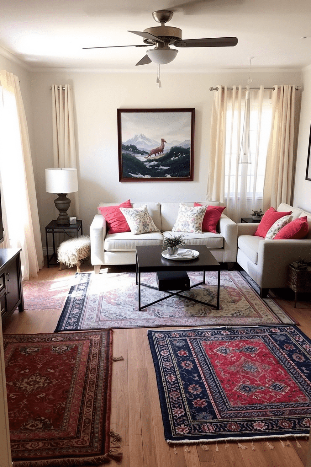 A cozy small living room featuring layered rugs that add depth and texture to the space. The room is adorned with a soft neutral palette, complemented by vibrant accent pillows on a comfortable sofa. A stylish coffee table sits at the center, surrounded by an inviting arrangement of layered area rugs in various patterns. Natural light filters in through sheer curtains, enhancing the warm and inviting atmosphere.