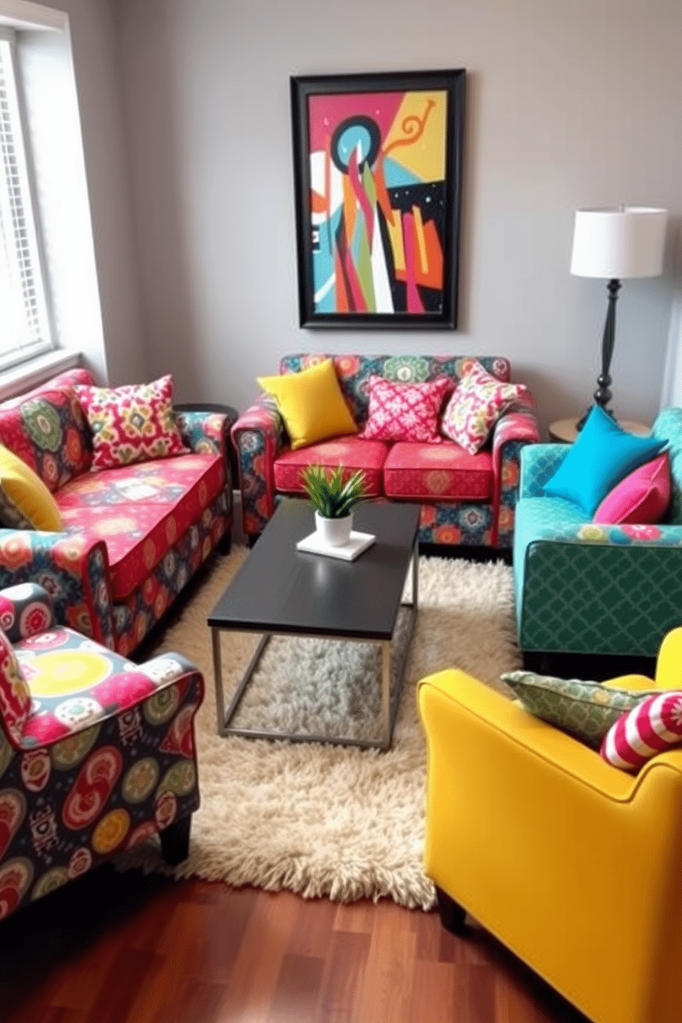 Cushioned seating adorned with vibrant patterns creates a lively focal point in the small living room. The arrangement includes a cozy loveseat and a pair of accent chairs, all featuring a mix of bold colors and playful designs. A stylish coffee table sits in the center, surrounded by a plush area rug that complements the seating. Decorative pillows in coordinating hues are scattered across the cushions, adding layers of comfort and visual interest.