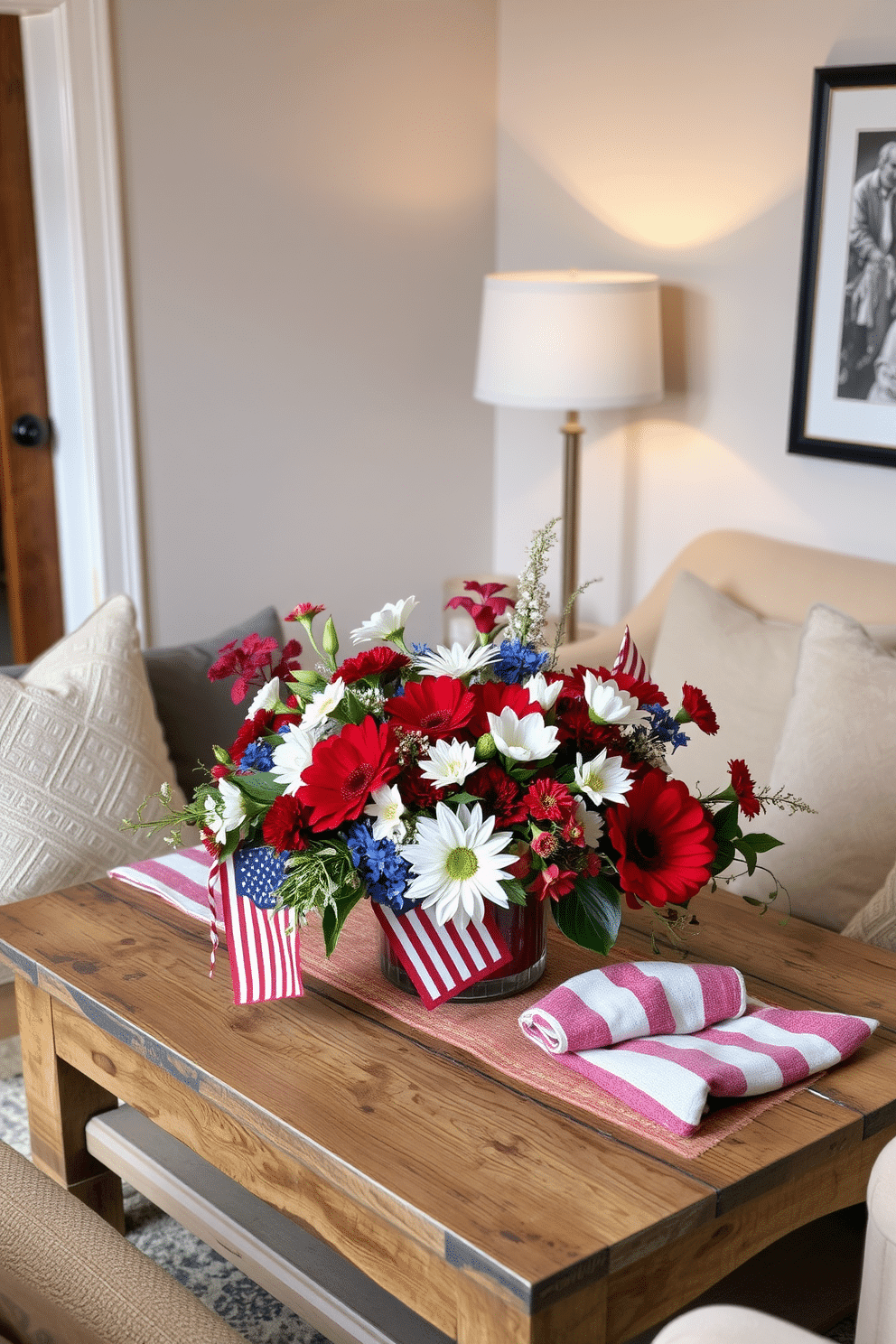 A stylish table centerpiece adorned with vibrant seasonal flowers in shades of red, white, and blue to celebrate Labor Day. The arrangement is placed on a rustic wooden table surrounded by comfortable seating, creating a warm and inviting atmosphere in a small living room. Cozy accents like throw pillows and a soft blanket complement the decor, enhancing the festive spirit. Subtle lighting from a nearby lamp casts a gentle glow, highlighting the beauty of the floral display and the inviting space.