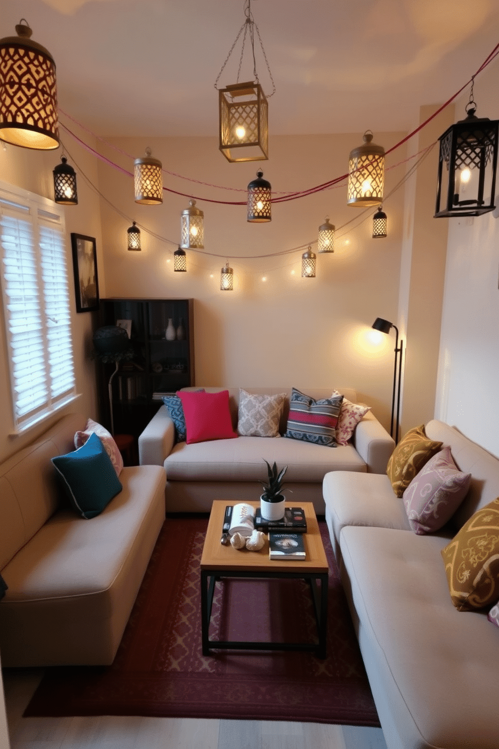 A cozy small living room adorned with decorative lanterns casting a warm and inviting glow. The space features a plush sofa in a neutral tone, complemented by colorful throw pillows and a stylish area rug. The walls are painted in a soft beige, enhancing the room's brightness and openness. A small coffee table sits in the center, surrounded by a few carefully arranged books and a decorative plant, creating a welcoming atmosphere for relaxation.