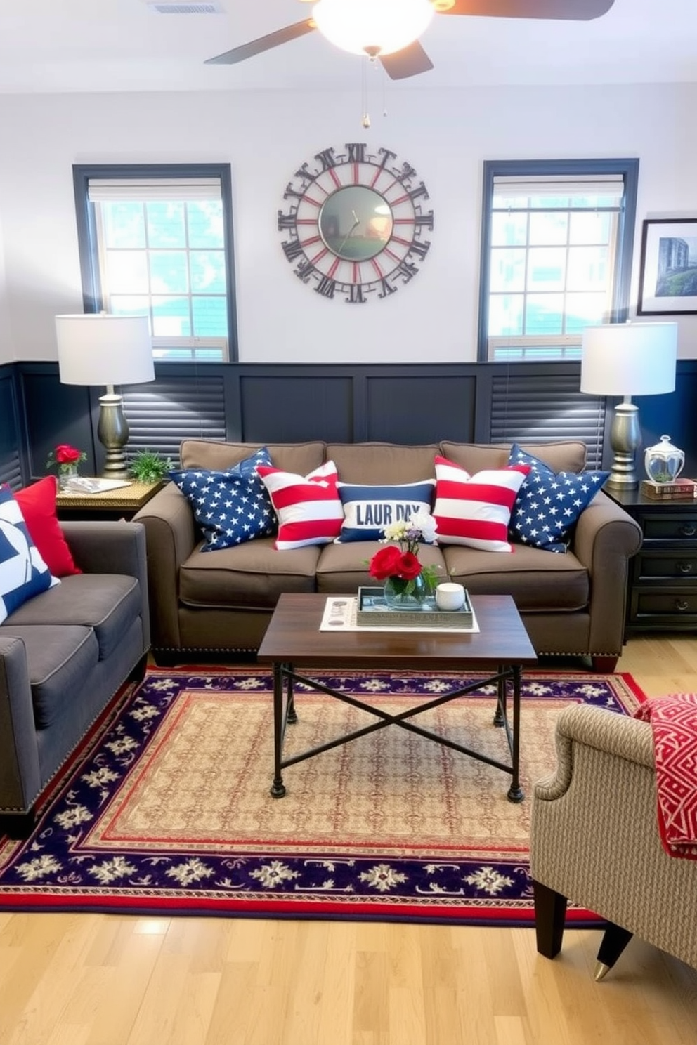 Create a cozy living room setting featuring a sofa adorned with patriotic throw pillows in red, white, and blue. The space is designed for comfort and style, with a small coffee table and an area rug that ties the colors together. Incorporate clever small space decorating ideas to maximize functionality without sacrificing aesthetics. Use multi-purpose furniture and strategic lighting to create an inviting atmosphere while celebrating the spirit of Labor Day.