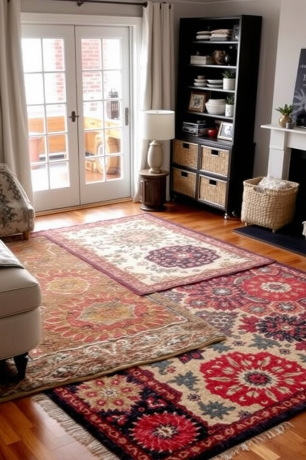 A cozy living room featuring layered rugs with bold patterns that add texture and vibrancy to the space. The rugs are arranged artfully over a hardwood floor, creating a warm and inviting atmosphere. Incorporate smart storage solutions to maximize functionality in a small space. Use stylish baskets and multi-purpose furniture to keep the area organized while maintaining a chic aesthetic.