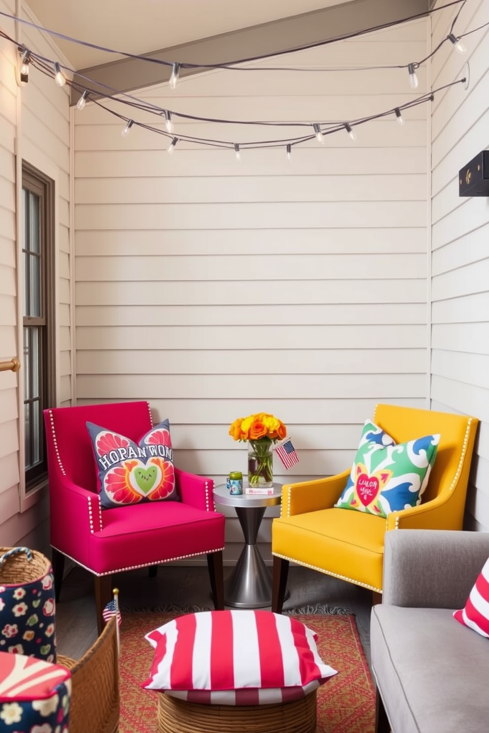 A pair of accent chairs in vibrant colors are placed in a cozy corner of the living room. The chairs feature bold patterns that add a pop of energy to the space while complementing the neutral-toned walls. For Labor Day celebrations, the small space is decorated with festive touches like colorful throw pillows and a cheerful table setting. String lights are draped overhead to create a warm and inviting atmosphere for gatherings.