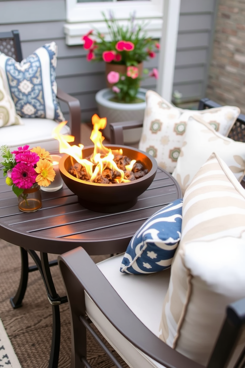 A cozy tabletop fire pit is elegantly positioned on a small outdoor table, surrounded by stylish seating. Flickering flames provide warmth and ambiance, creating an inviting atmosphere for Labor Day celebrations. The table is adorned with seasonal decorations, featuring vibrant flowers and soft cushions for comfort. This small space is transformed into a charming retreat, perfect for gathering with friends and family.