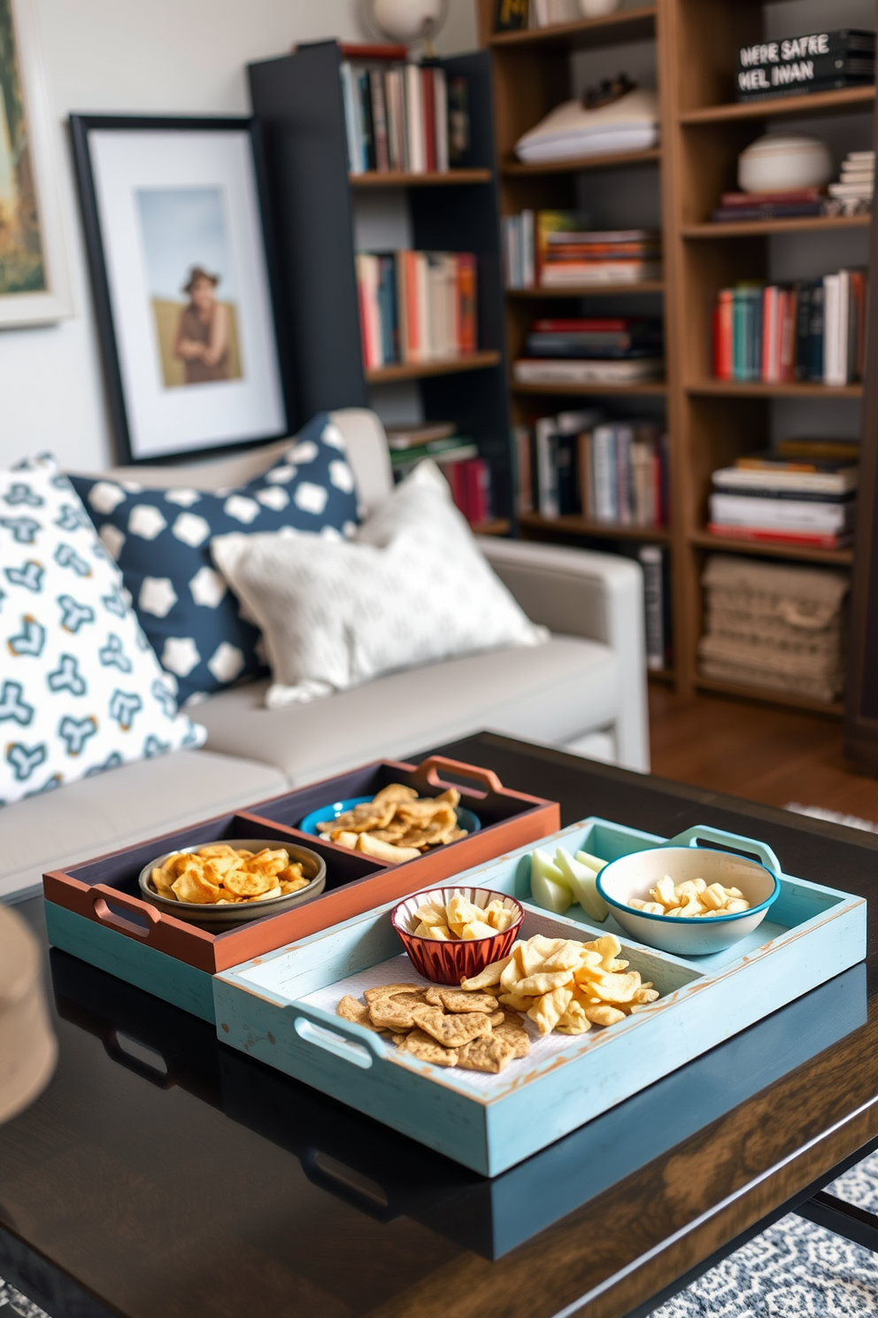 A collection of decorative trays is arranged on a coffee table, showcasing an assortment of seasonal snacks for Labor Day. The trays feature vibrant colors and textures, complementing the cozy atmosphere of the small living space. In the background, a stylishly arranged bookshelf adds character, while soft lighting creates an inviting ambiance. The overall design emphasizes functionality and charm, perfect for celebrating the holiday in a compact area.