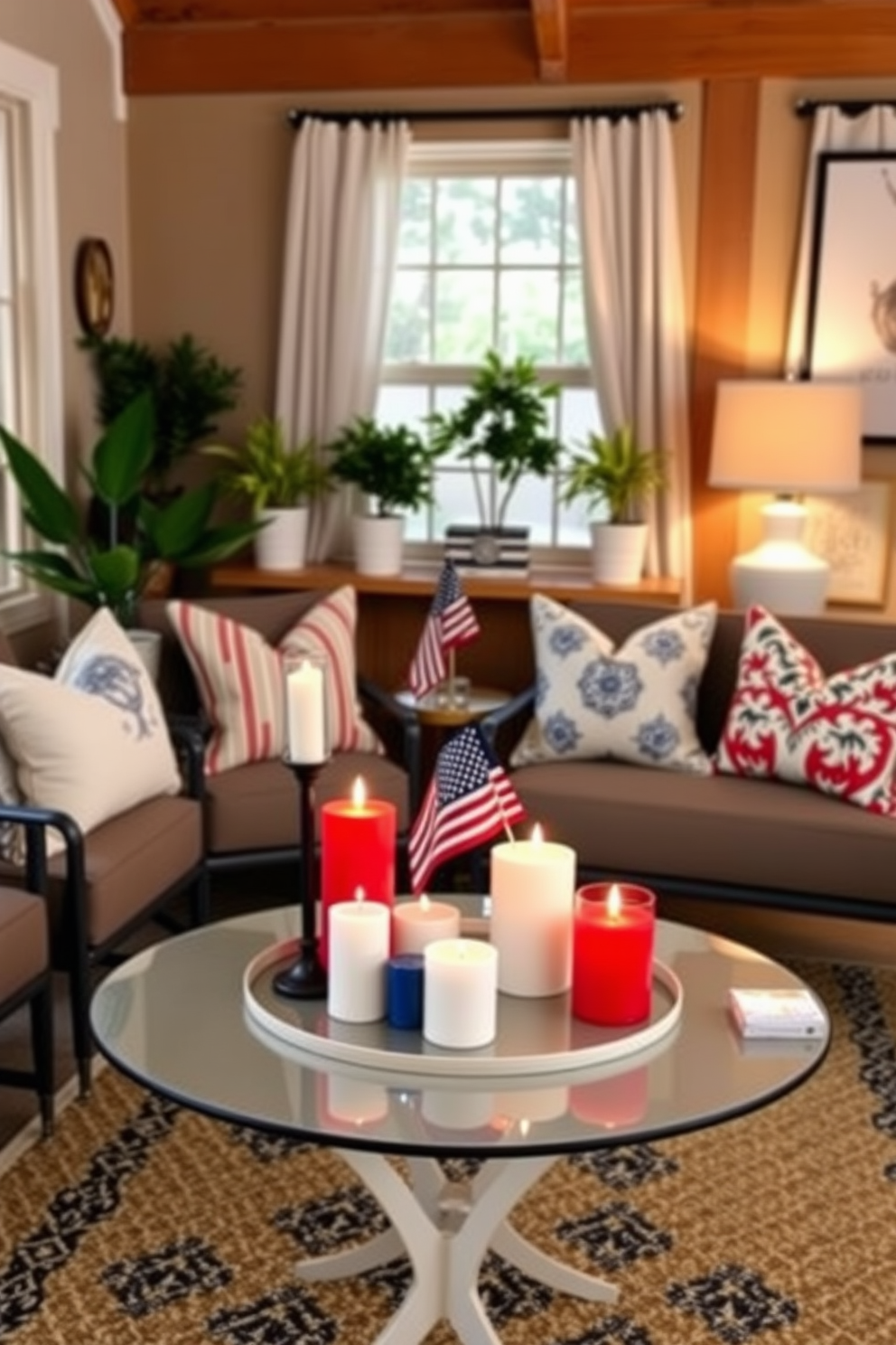 Create a cozy and inviting small space decorated for Labor Day. Incorporate candles in red, white, and blue hues placed on a stylish coffee table surrounded by comfortable seating. Use patriotic-themed decor accents like throw pillows and a small American flag centerpiece. Enhance the ambiance with soft lighting and a few potted plants to bring life to the space.