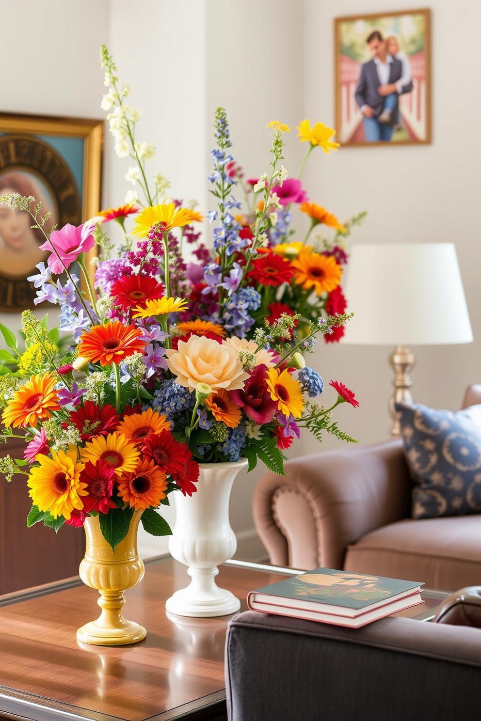 A vibrant display of seasonal flowers arranged in bright colors fills the room with life and energy. The flowers are set in elegant vases, creating a cheerful atmosphere that celebrates the spirit of Labor Day. Creative small space decorating ideas are showcased through clever use of multifunctional furniture and strategic layouts. Each corner is optimized for both style and functionality, making the most of limited square footage while maintaining an inviting environment.