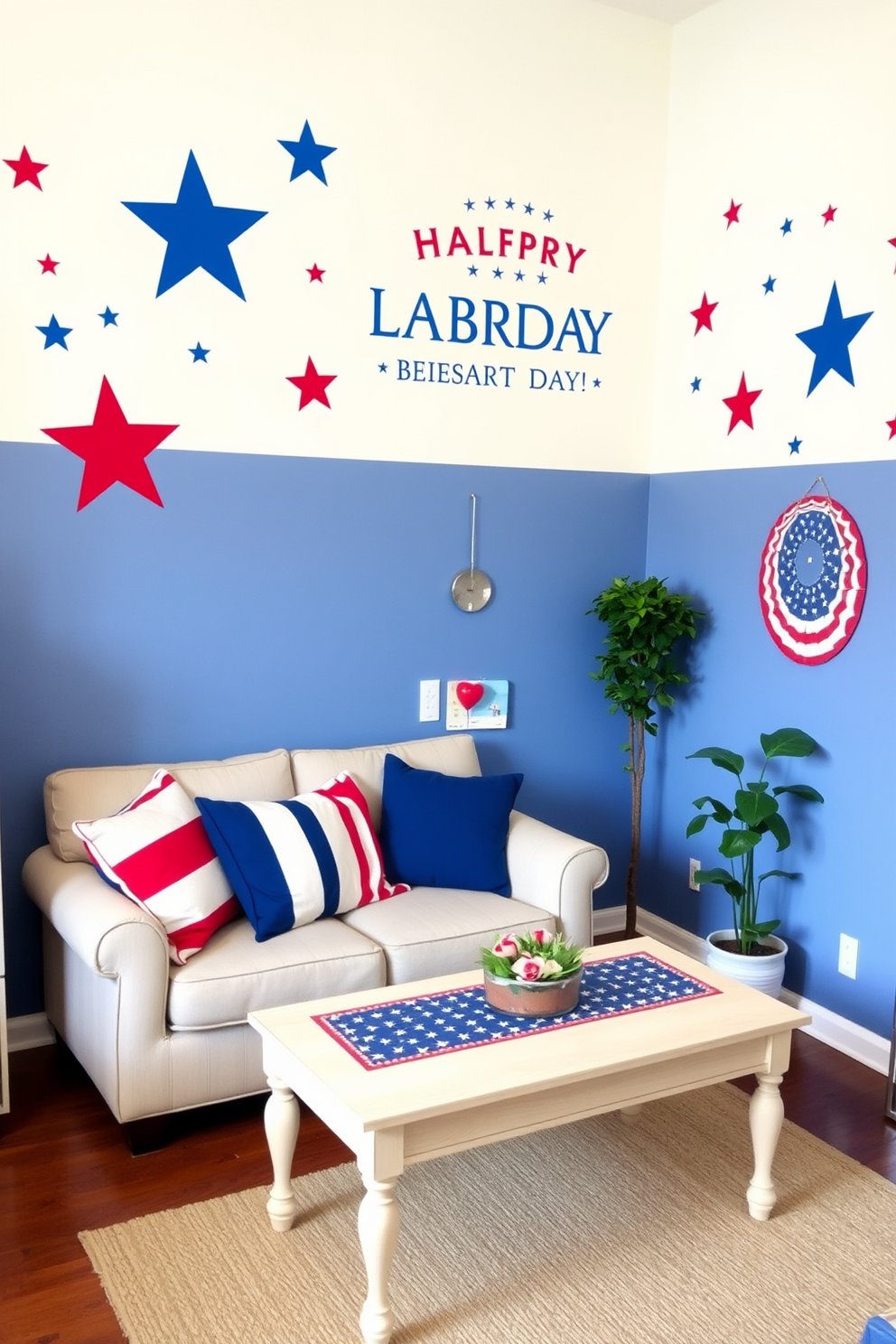 A cozy living room featuring wall decals with patriotic symbols celebrating Labor Day. The space includes a small sofa adorned with red, white, and blue cushions, and a coffee table decorated with a festive table runner. The walls are adorned with star and stripe decals, creating a vibrant backdrop. A small bookshelf displays seasonal decorations and a potted plant adds a touch of greenery to the room.