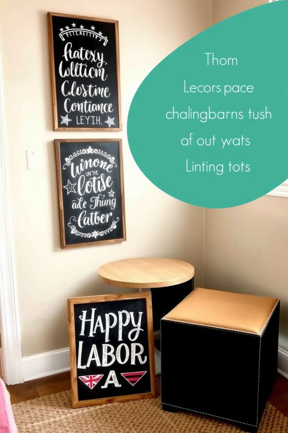 Chalkboard signs with festive quotes for Labor Day. The signs feature playful lettering in white against a rustic black background, adorned with seasonal illustrations like stars and stripes. Small space decorating ideas that maximize functionality and style. Incorporate multi-purpose furniture such as a foldable dining table and stylish storage ottomans to create a cozy yet efficient living area.