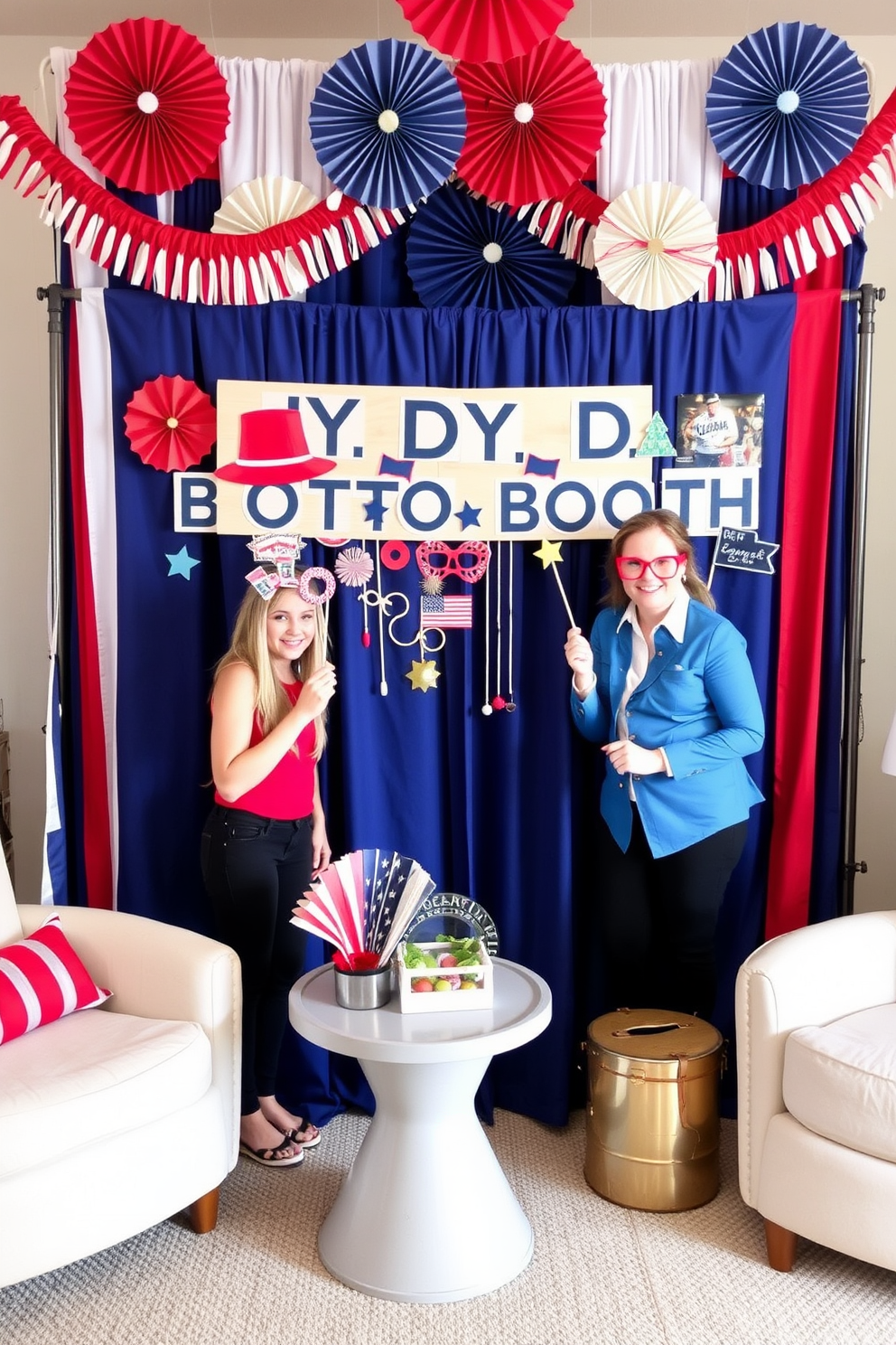 A vibrant DIY photo booth setup featuring colorful props for a Labor Day celebration. The backdrop is adorned with red, white, and blue decorations, creating a festive atmosphere perfect for capturing memorable moments. Innovative small space decorating ideas that maximize functionality while maintaining style. Clever storage solutions and multi-purpose furniture pieces enhance the cozy aesthetic of the room.