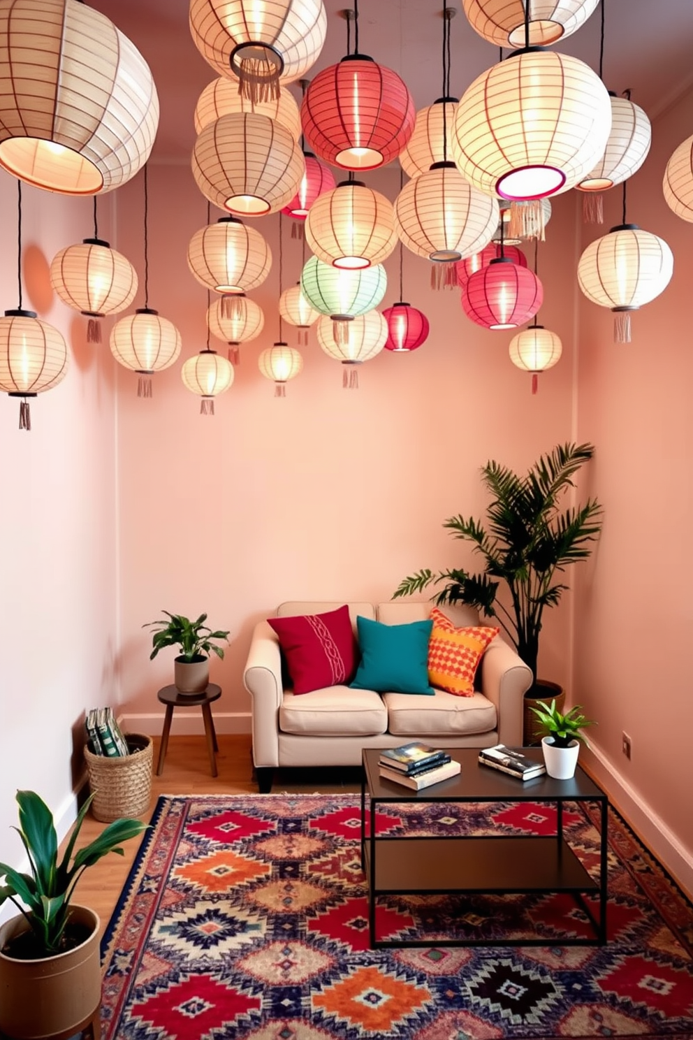 A cozy living room featuring clusters of hanging paper lanterns that create a warm and inviting atmosphere. The walls are painted in soft pastels, and a small, stylish sofa is adorned with colorful throw pillows. In one corner, a compact coffee table holds a few decorative books and a small plant. The space is enhanced by a vibrant area rug that ties together the various elements of the room, making it feel both spacious and intimate.