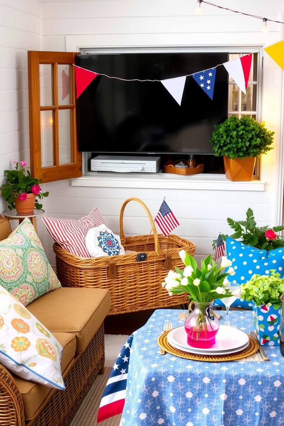 A vintage picnic basket is placed in the corner of a cozy living room as a charming decor piece. It adds a touch of nostalgia and warmth to the space, inviting guests to relax and enjoy the atmosphere. For Labor Day, small space decorating ideas include using vibrant throw pillows and a cheerful tablecloth for an outdoor table setting. Incorporate colorful bunting and fairy lights to create a festive and inviting ambiance in your compact area.