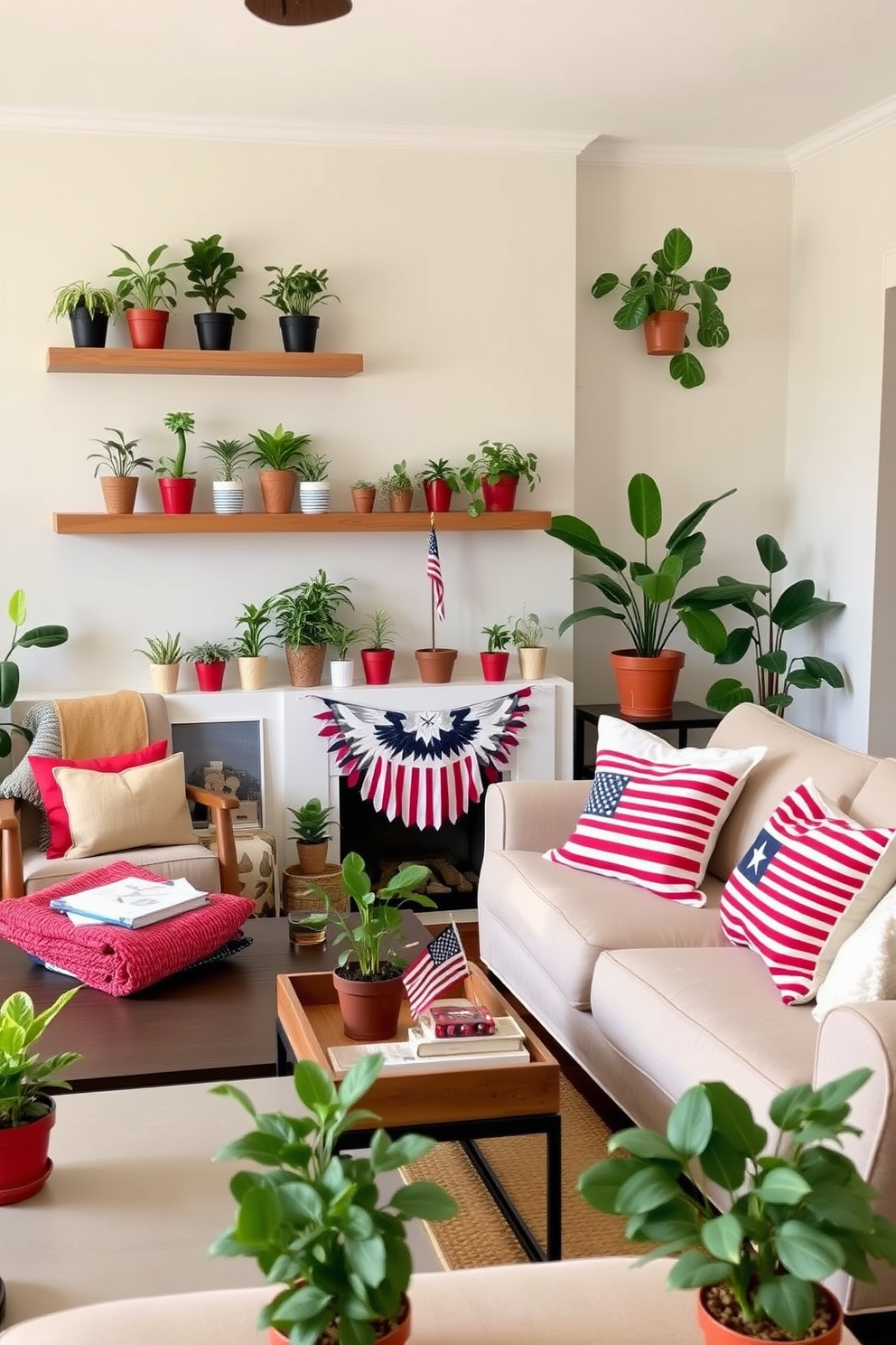 A cozy living room filled with small potted plants that bring a touch of freshness to the space. The plants are arranged on floating shelves and a coffee table, adding greenery to the room's neutral color palette. Stylish Labor Day decorations are incorporated, featuring red, white, and blue accents throughout the room. A small flag is placed on the mantel, and festive throw pillows adorn the sofa, creating a welcoming atmosphere for guests.