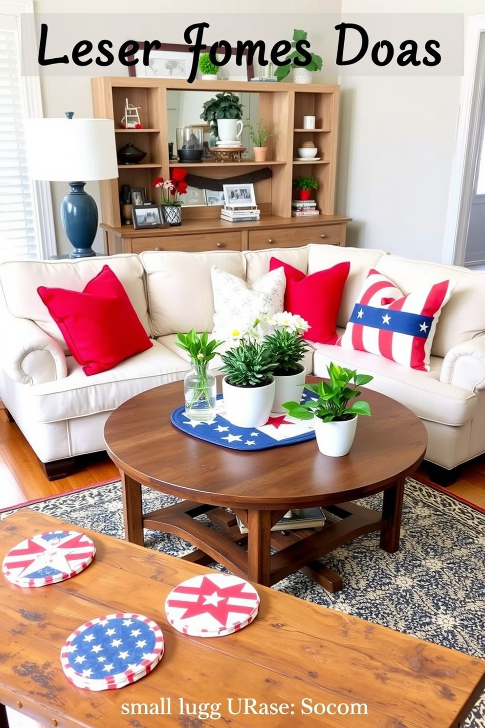 A set of red white and blue themed coasters is displayed on a rustic wooden table. The coasters feature star and stripe patterns, perfect for a festive Labor Day gathering. In a cozy living room, small space decorating ideas include a compact sectional sofa adorned with colorful throw pillows. A round coffee table with a patriotic table runner sits at the center, surrounded by potted plants for a vibrant touch.